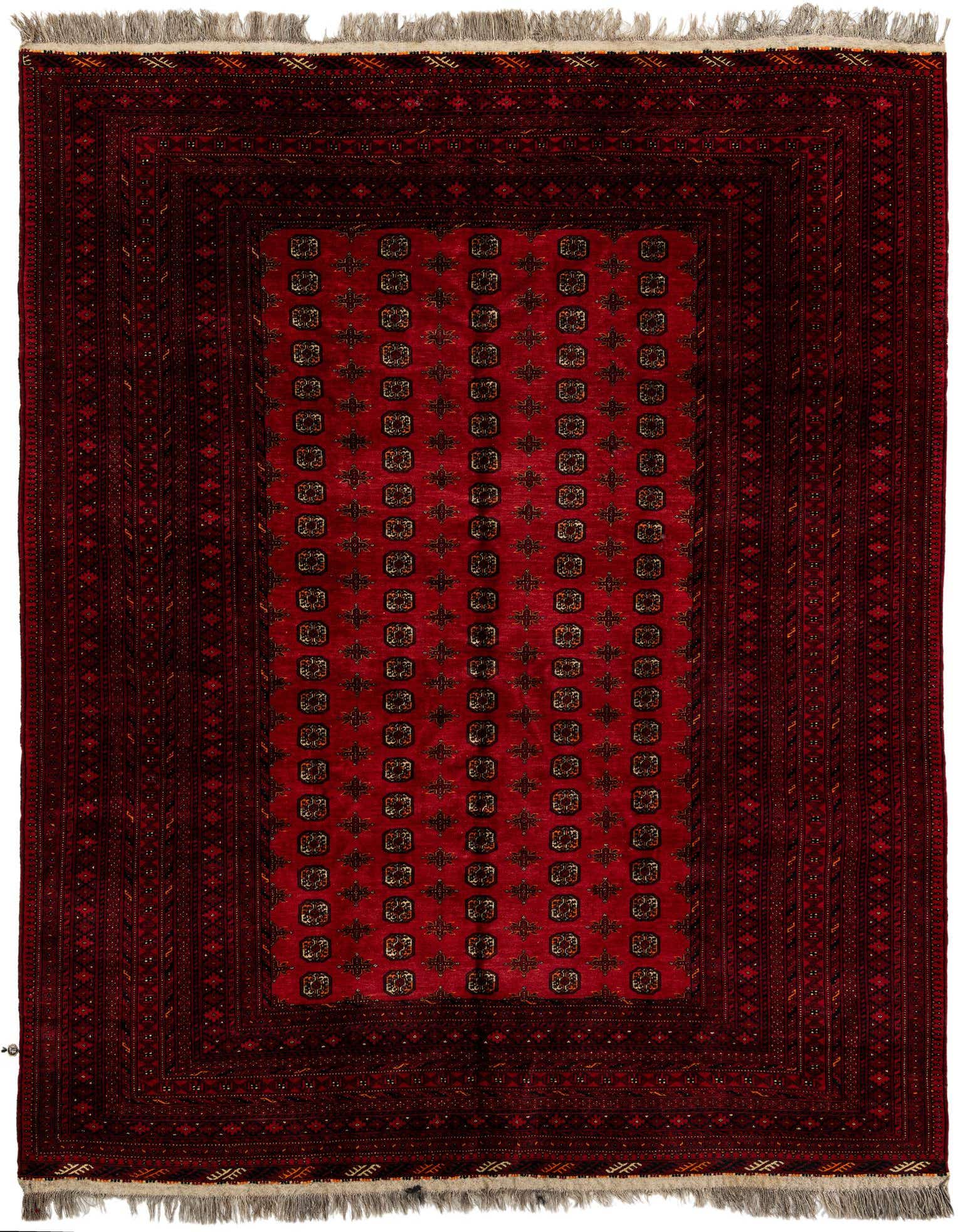 A handmade 8x11 rectangular Afghan Akhche rug in deep reds, featuring a central tribal pattern and intricate borders.