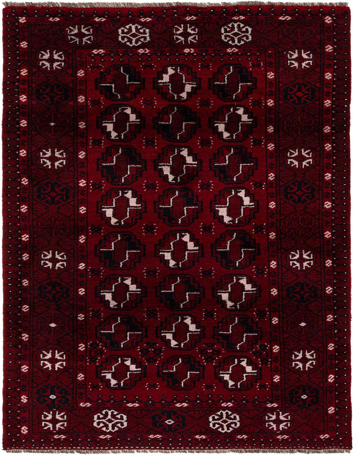 A 4x6 rectangular red wool rug with a tribal Oriental pattern featuring black and white geometric motifs.