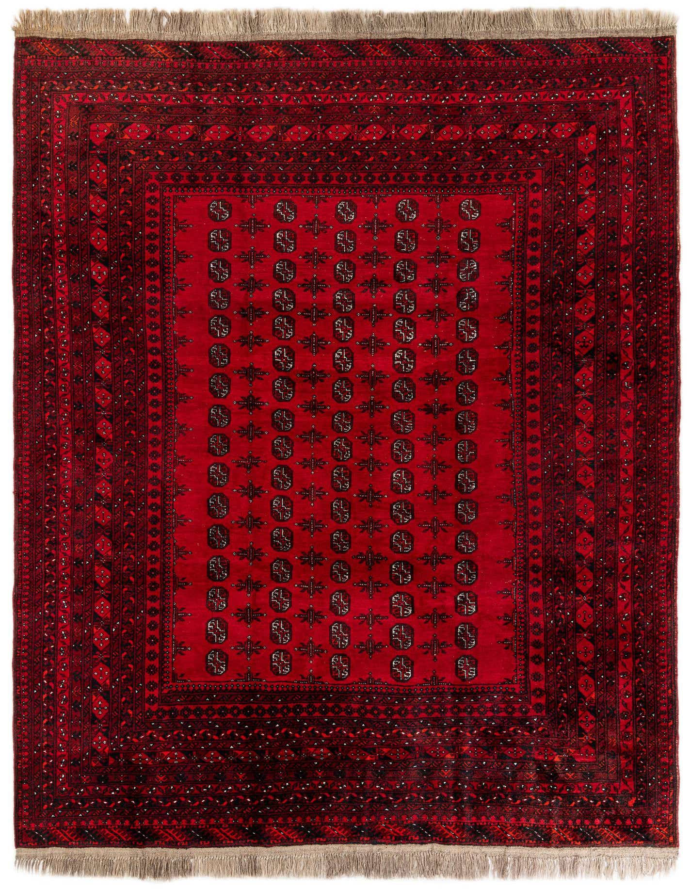 An 8x11 rectangular red tribal rug with a dark geometric pattern and fringed ends, suitable for a living room.