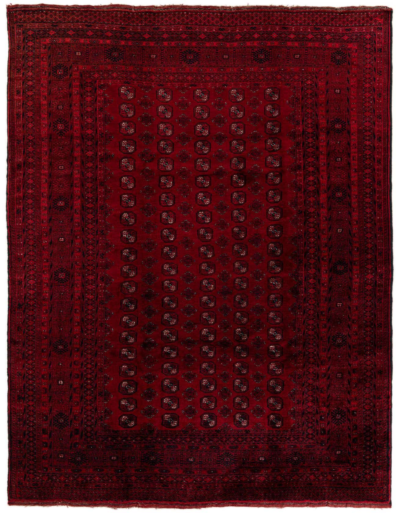 A handmade 8x12 rectangular Afghan Akhche rug in deep reds, featuring traditional tribal patterns and a thin pile.