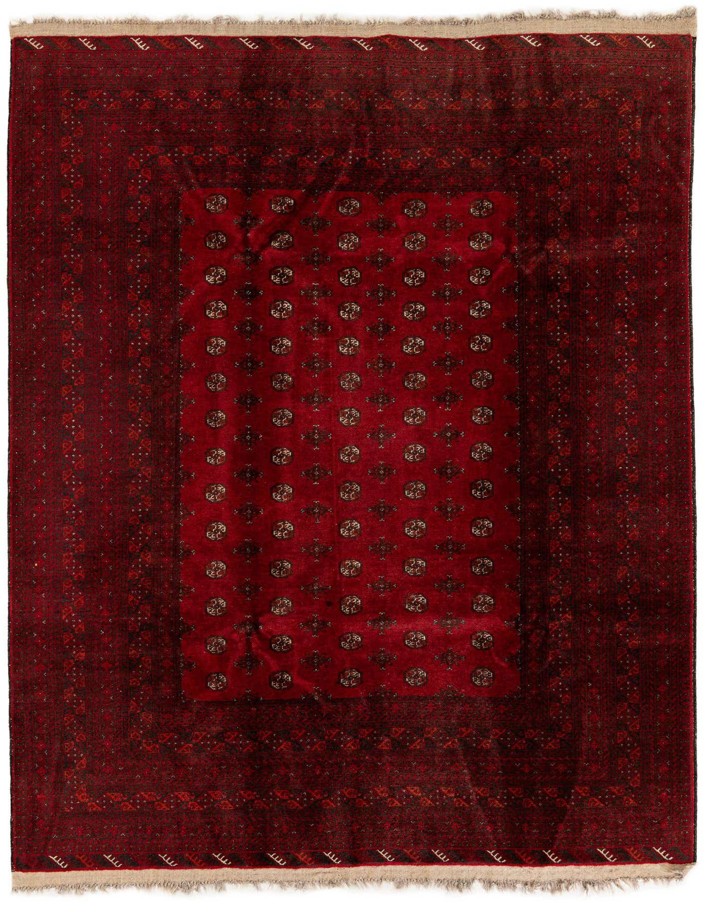 A 7x10 rectangular Afghan Akhche rug in deep reds, featuring a traditional tribal pattern with geometric medallions and a multi-bordered design.