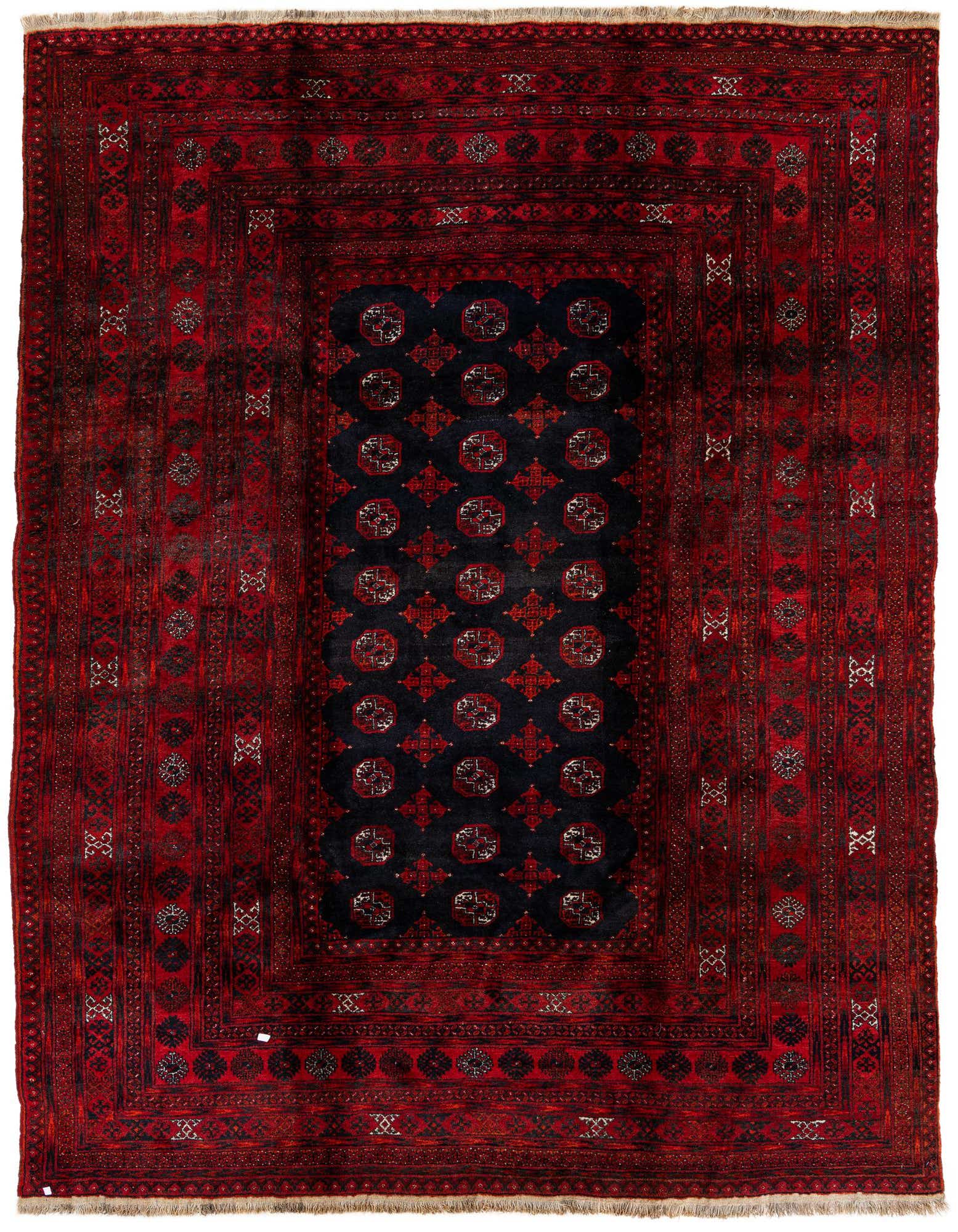 An 8x10 rectangular Afghan Akhche rug featuring a deep red border with intricate tribal patterns surrounding a dark navy center panel with repeating geometric motifs.