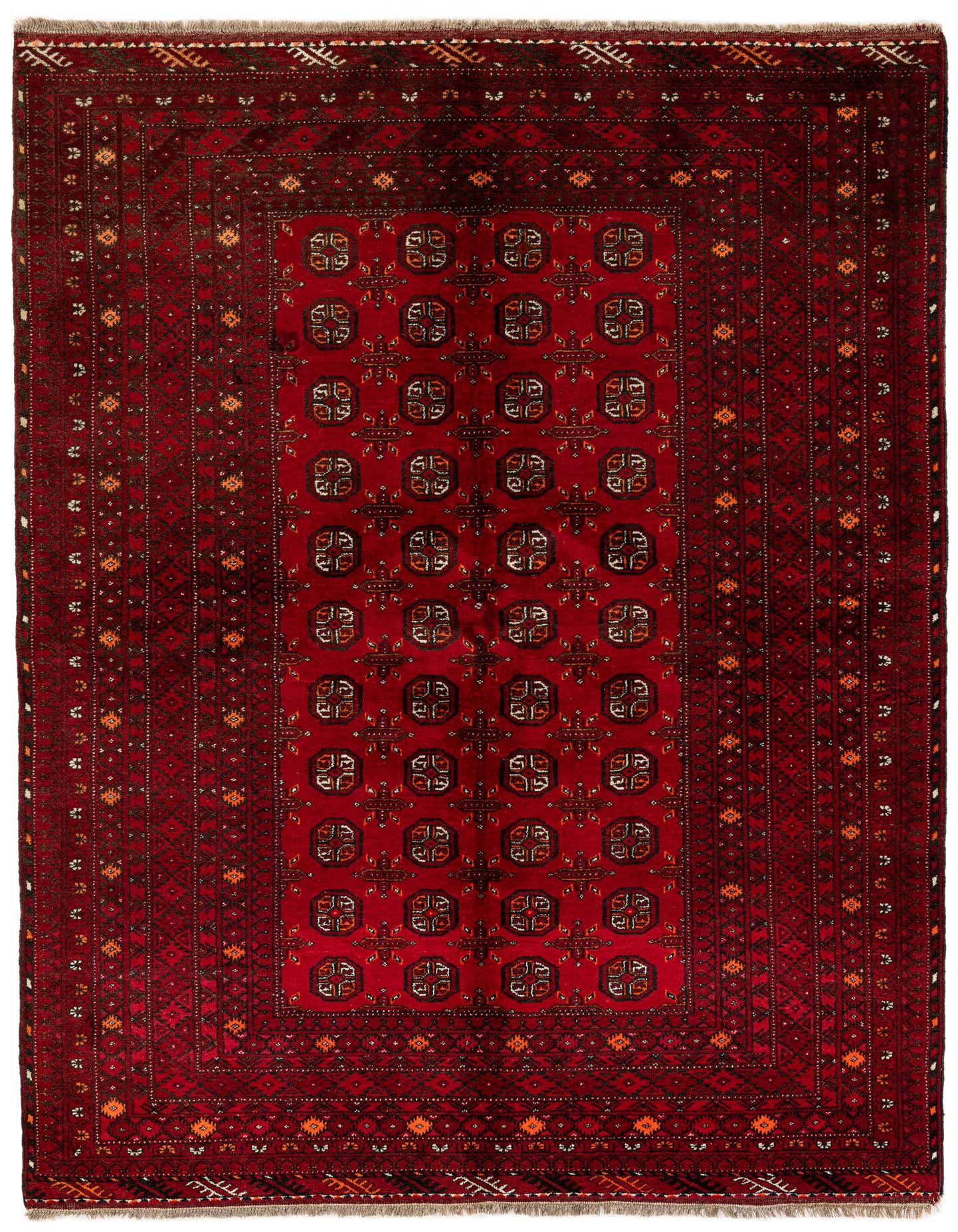 A 5x8 rectangular Afghan Akhche rug in deep reds, featuring a traditional tribal pattern with geometric medallions and borders.