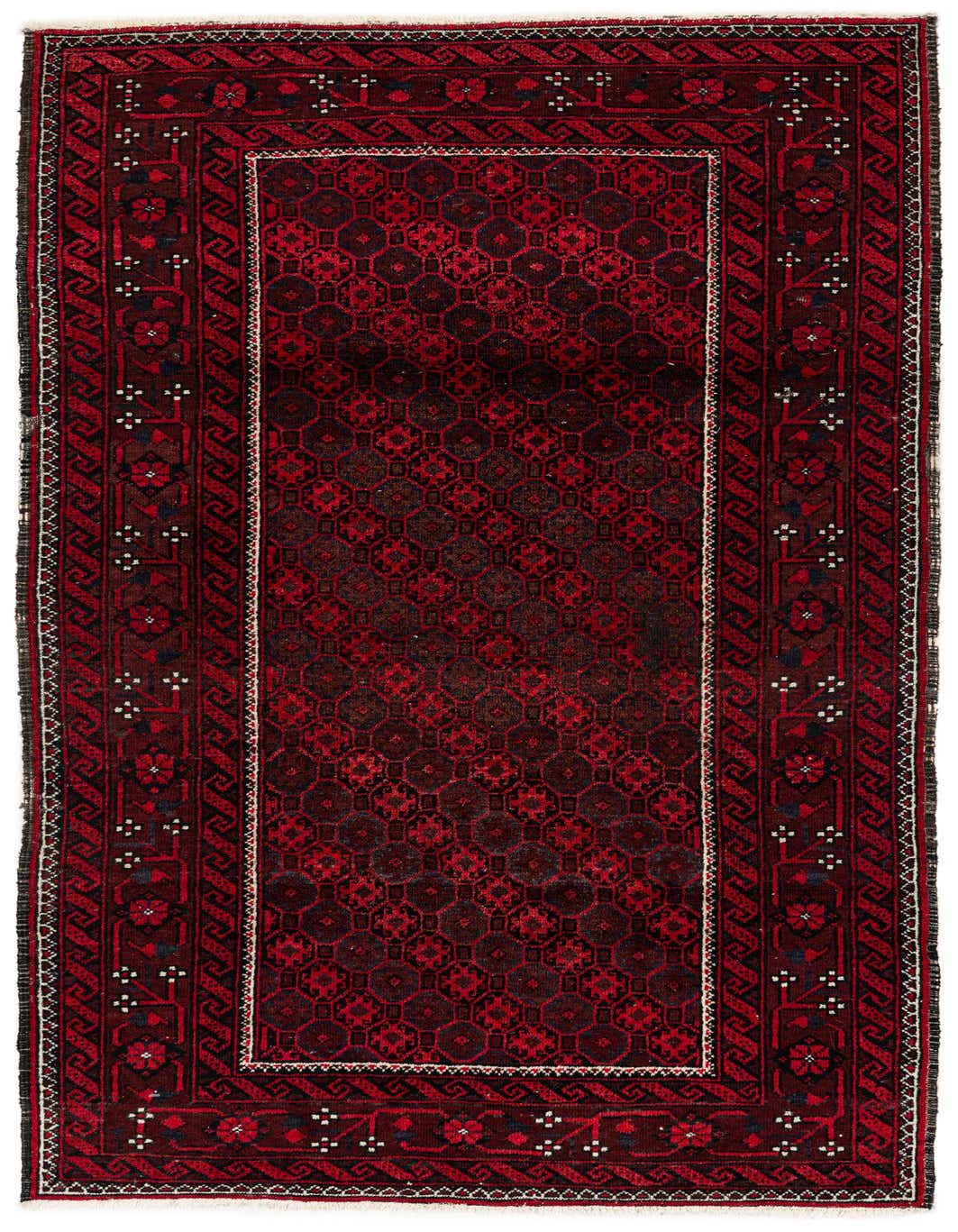 A 4x6 rectangular Rugs.com Afghan Akhche rug in deep reds with a tribal, geometric pattern and intricate border.