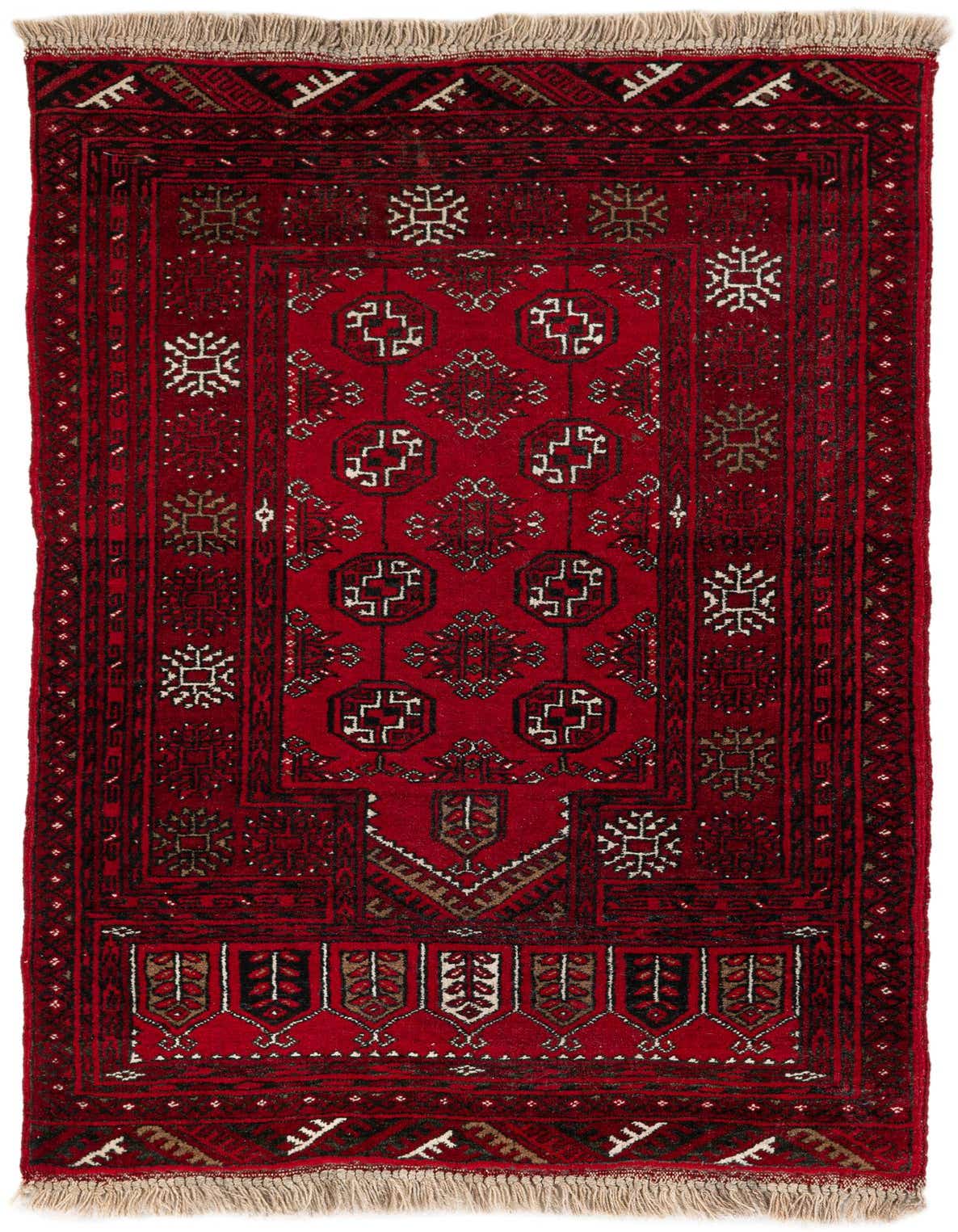 A 3x4 rectangular Afghan Akhche rug in deep red with intricate tribal and geometric patterns, featuring black, white, and brown accents, and fringed ends.