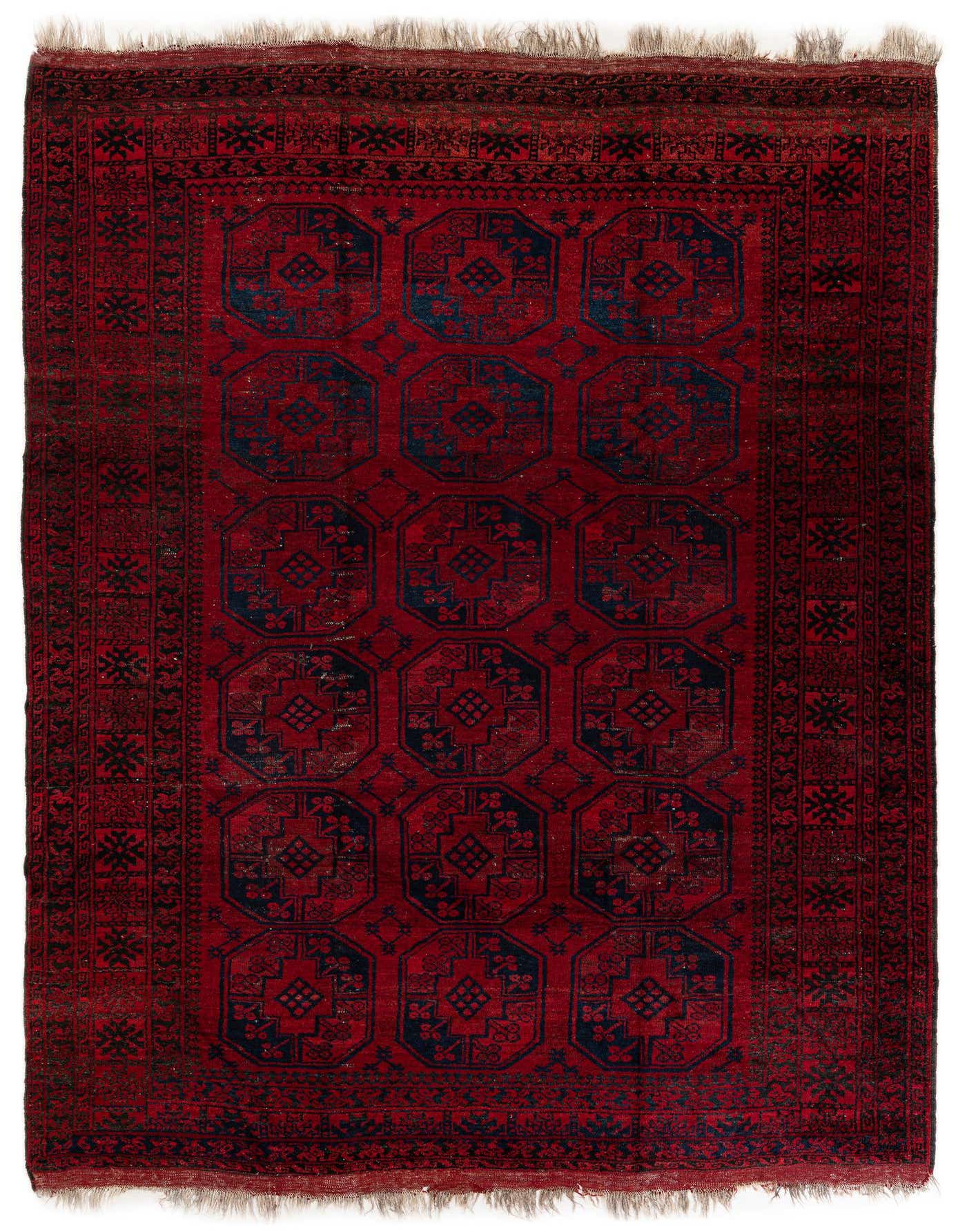 An 8x11 rectangular Afghan Akhche wool rug in deep red with repeating dark blue tribal medallions and a detailed border.