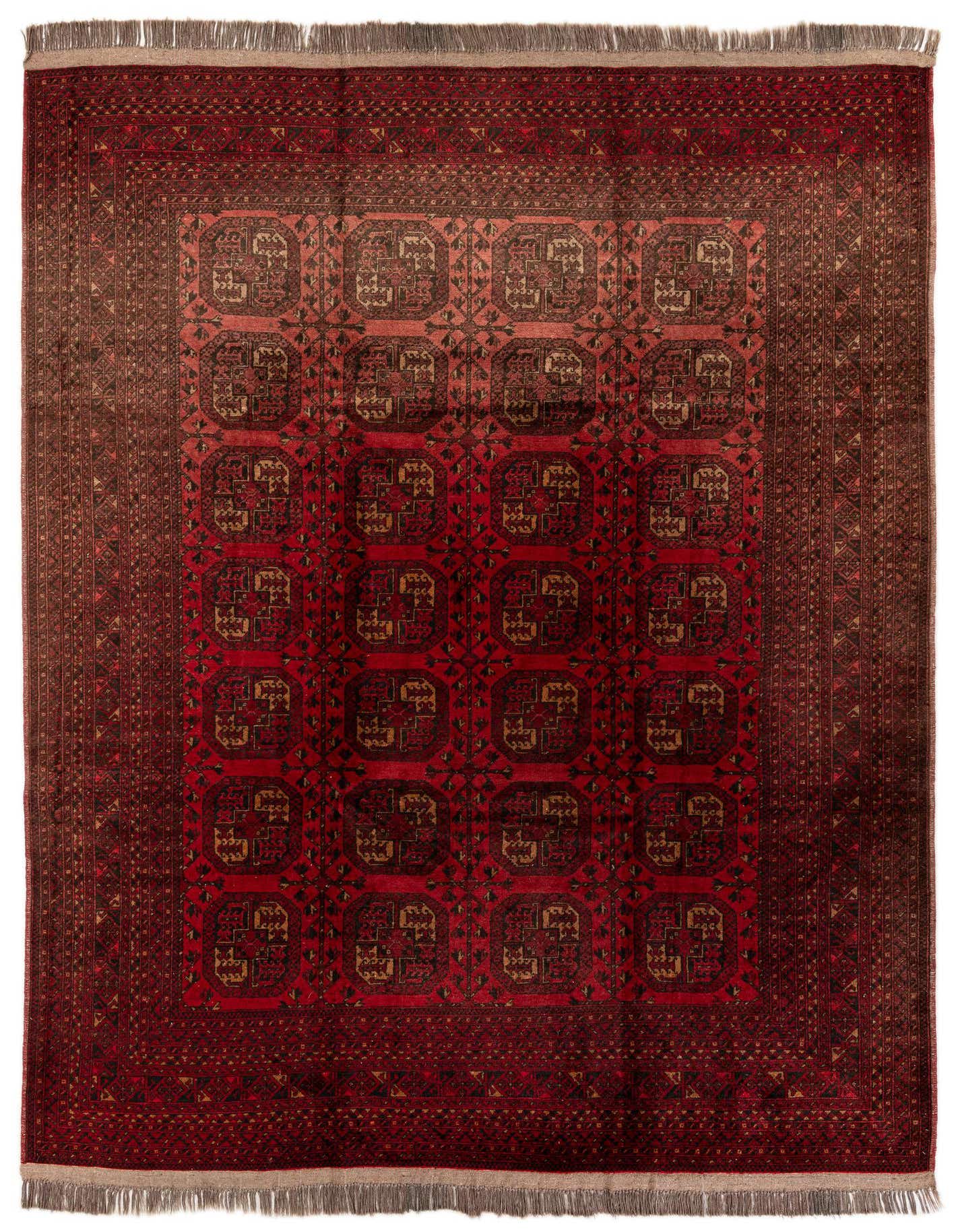 A rectangular 8x11 Afghan Akhche wool rug featuring a traditional tribal pattern in shades of red and brown.