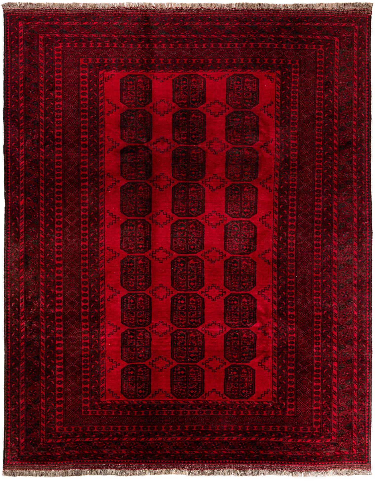 An 8x11 rectangular red tribal rug with a dark red border and geometric patterns, ideal for a living room.
