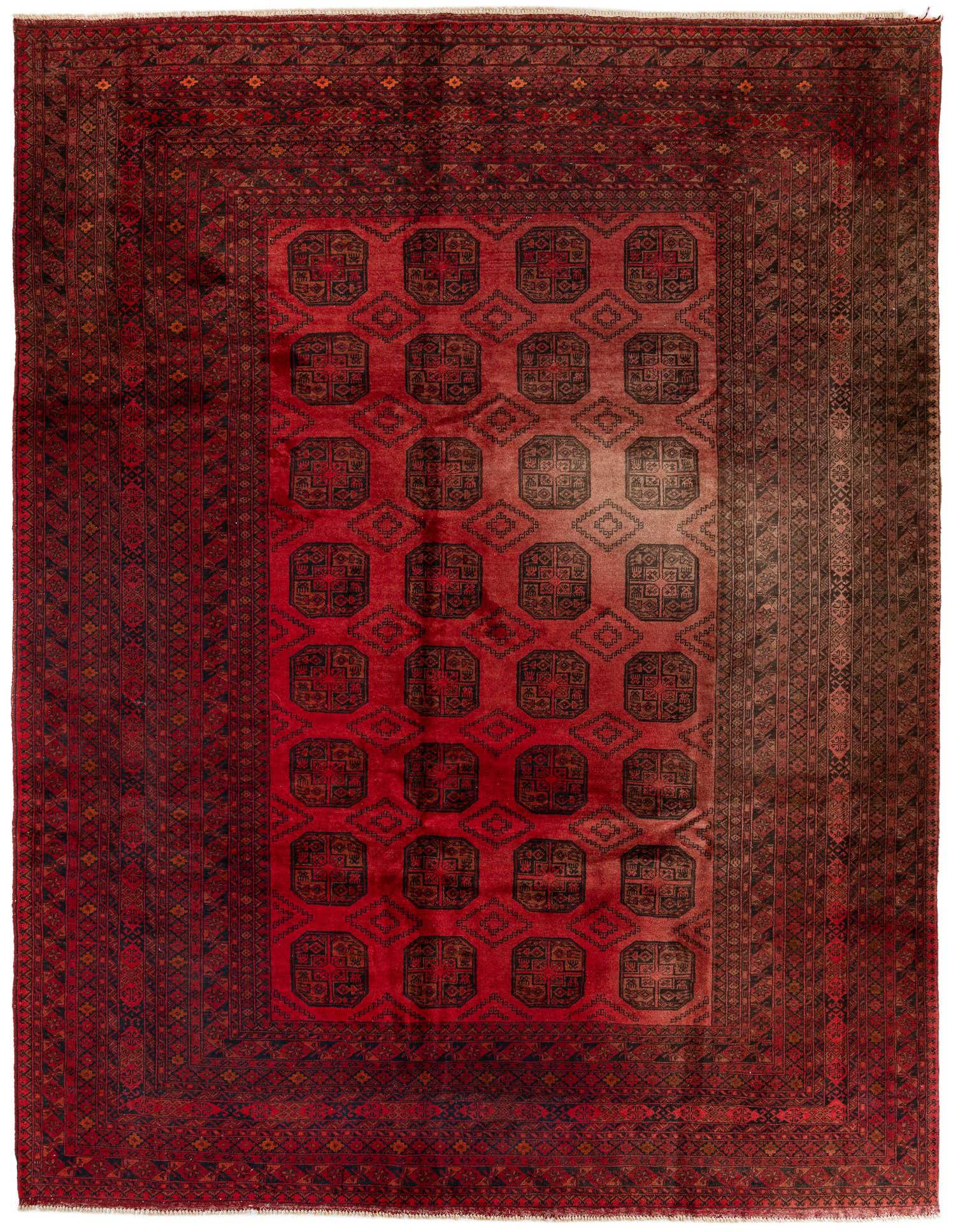 A rectangular 9x11 Afghan Akhche tribal rug featuring a deep red field with repeating dark geometric patterns and a complex border.