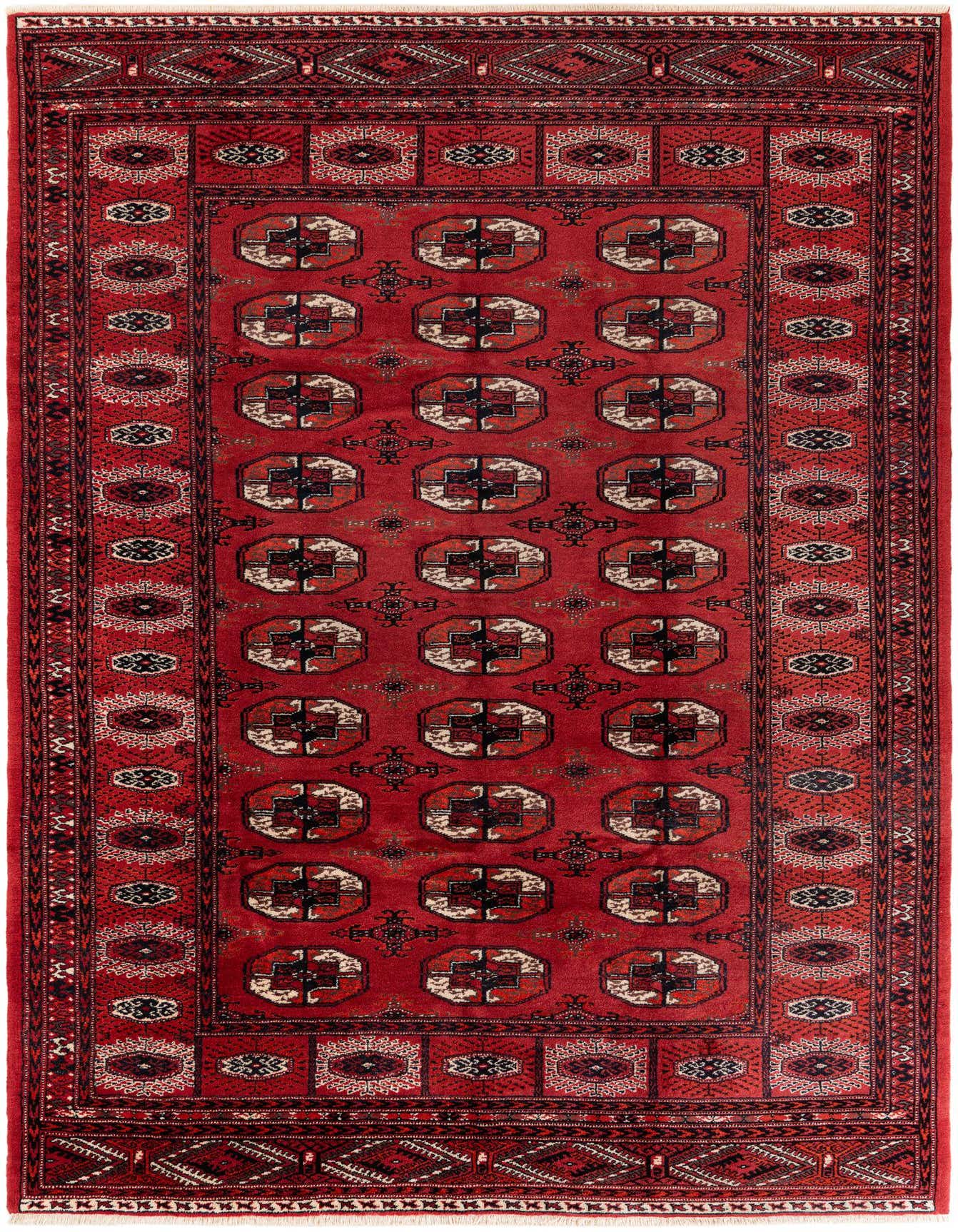 A 7x10 rectangular Afghan Akhche rug in deep red, featuring traditional tribal patterns with black and cream accents.