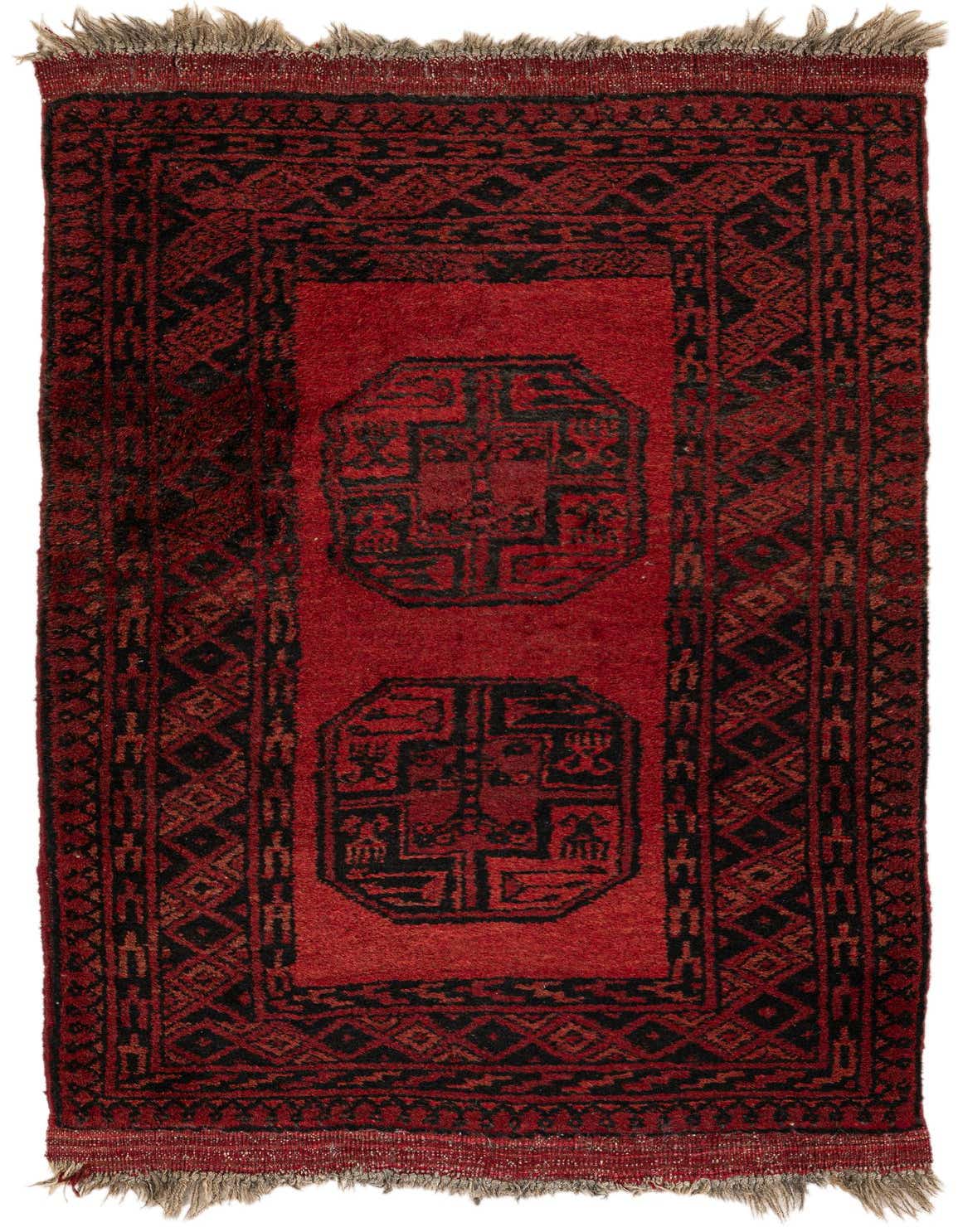 A 3x4 rectangular Afghan Akhche rug in deep red with black traditional tribal patterns and fringe.