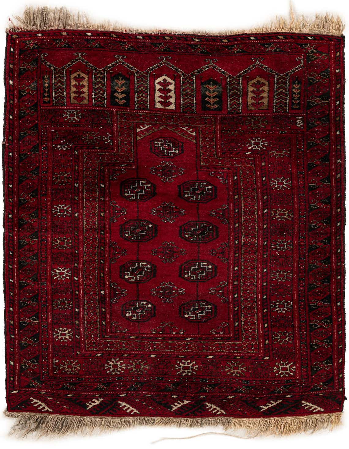 A 3x4 rectangular Afghan Akhche wool rug in deep red with intricate black and gold traditional tribal patterns and fringe.