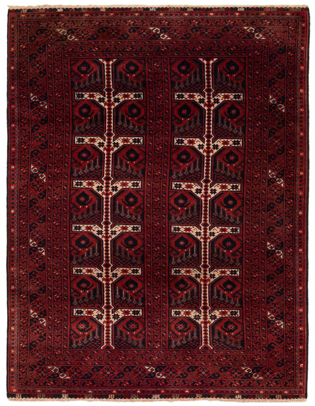 A 4x6 rectangular Afghan Akhche rug featuring a traditional tribal pattern in deep reds, black, and cream, suitable for a living room.