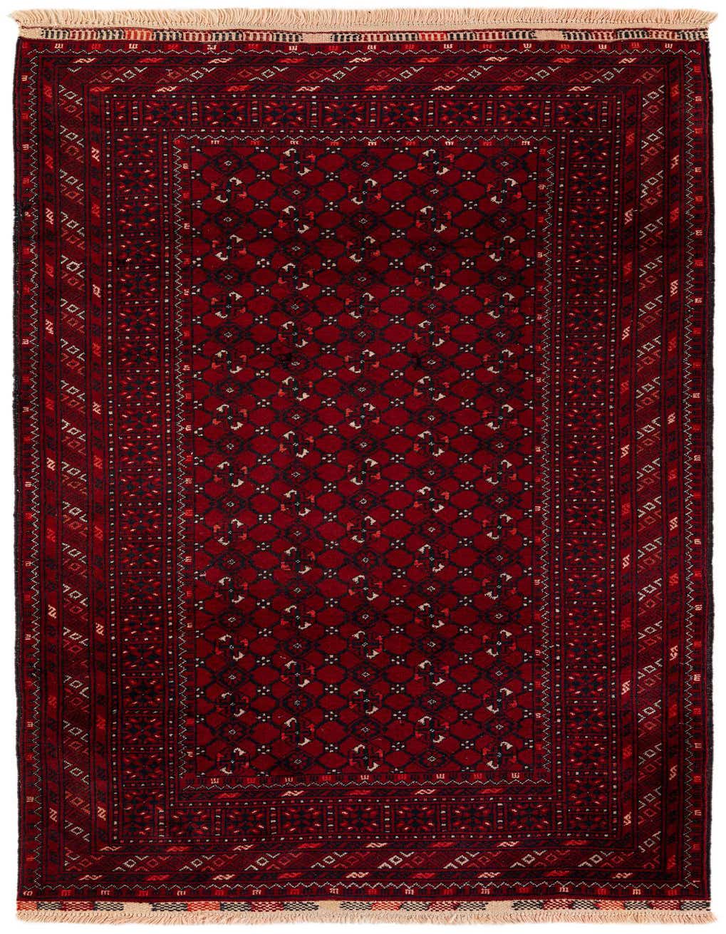 A 4x6 rectangular Afghan Akhche rug in deep reds with intricate traditional tribal patterns and fringe.