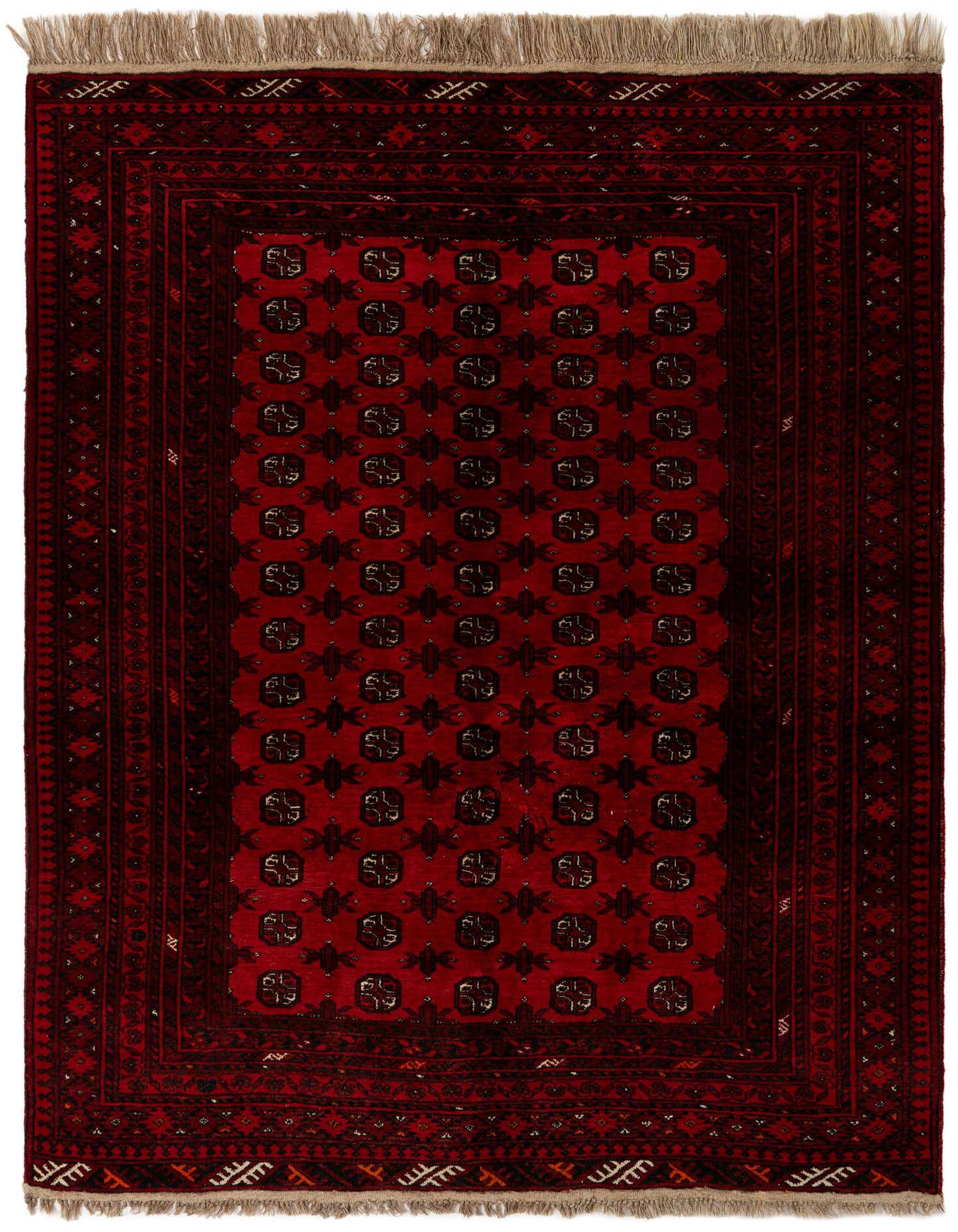 A 5x8 rectangular red Afghan Akhche rug with traditional tribal patterns and fringe, suitable for a living room.
