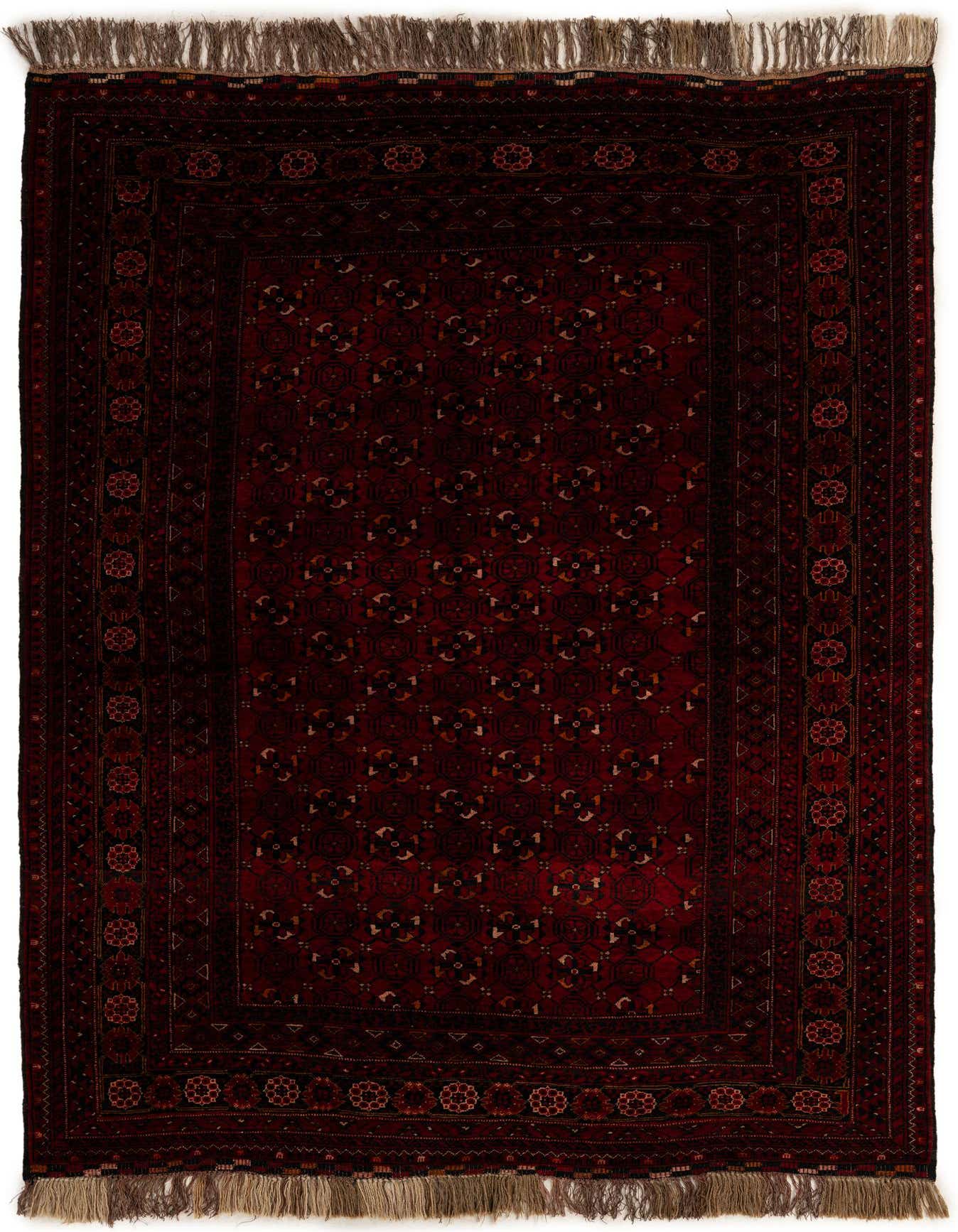 A 5x7 rectangular Afghan Ersari rug in deep reds, featuring a traditional tribal pattern with intricate medallions and a fringed edge.