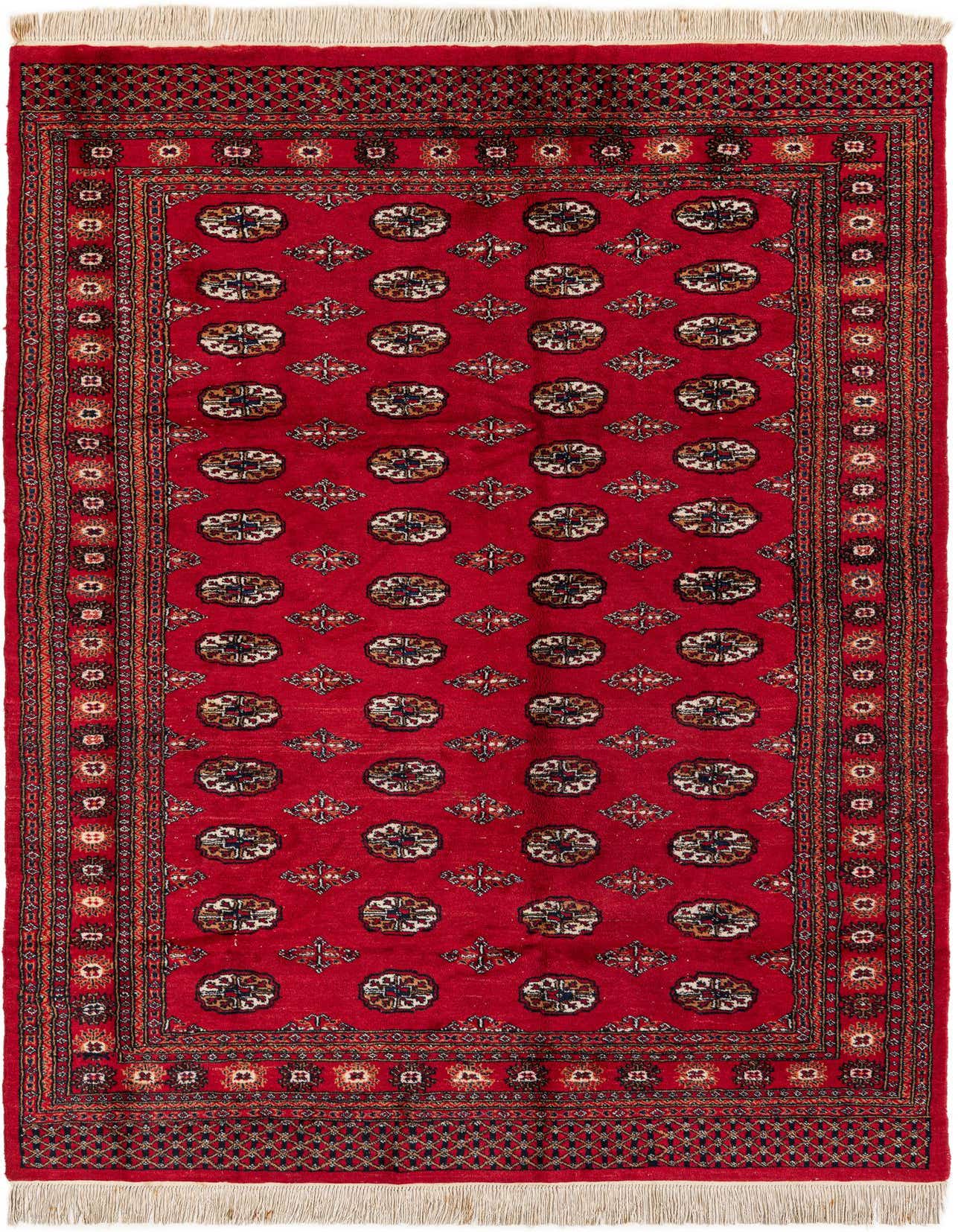 A 6x9 rectangular Afghan Ersari rug featuring a traditional tribal pattern with repeating medallions in shades of red, black, and cream, set on a vibrant red field with a detailed border and fringe.