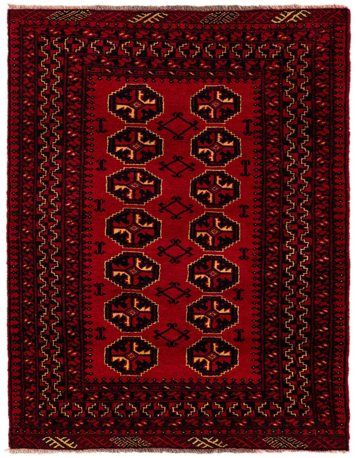 A 4x6 rectangular Afghan Ersari rug featuring a deep red field with black and gold tribal medallions and intricate borders.
