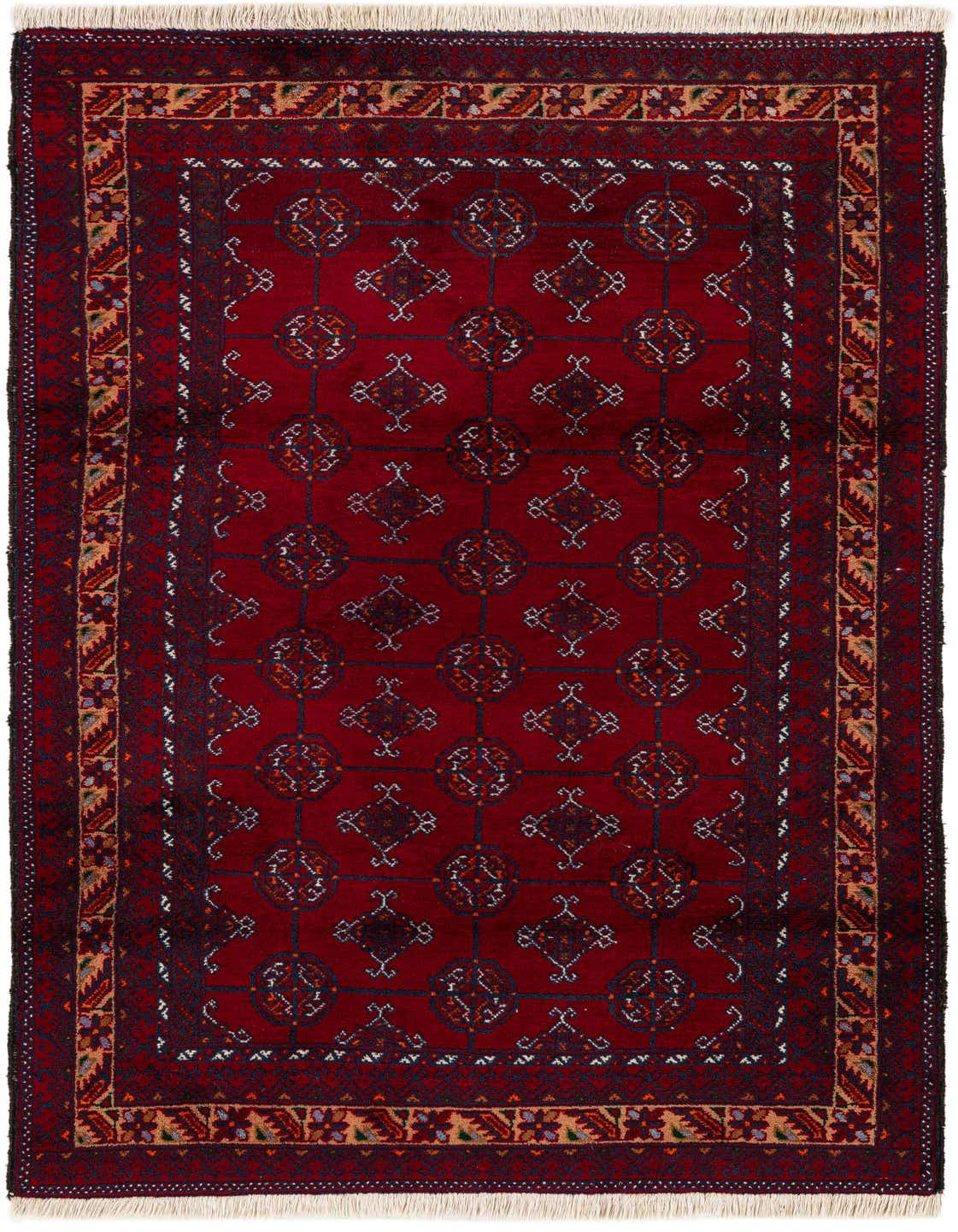 A 4x6 rectangular Afghan Ersari rug featuring a deep red field with intricate tribal and oriental patterns in navy, orange, and beige.