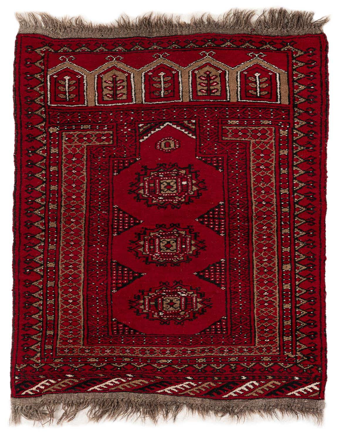 A 3x4 rectangular Afghan Ersari rug in deep red, featuring traditional tribal patterns and a thin pile.