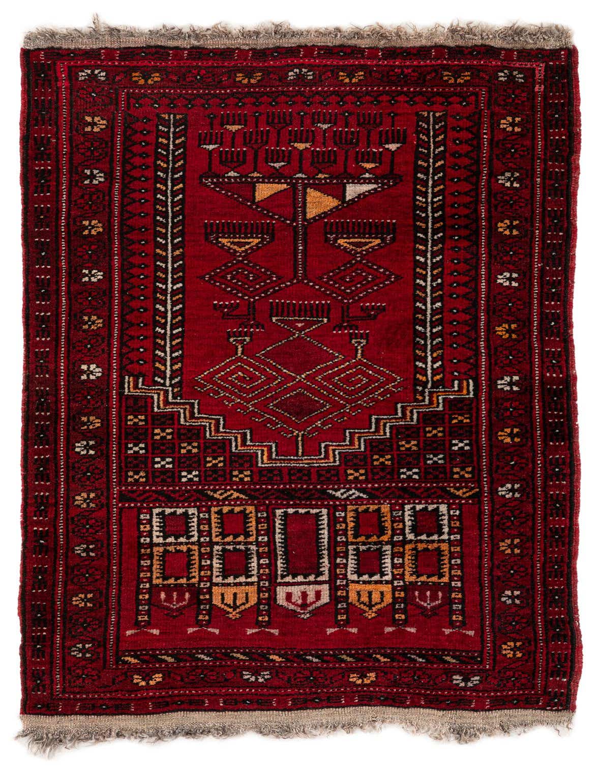 A 3x4 rectangular Afghan Ersari rug in deep red, featuring intricate tribal and geometric patterns in black, gold, and white.
