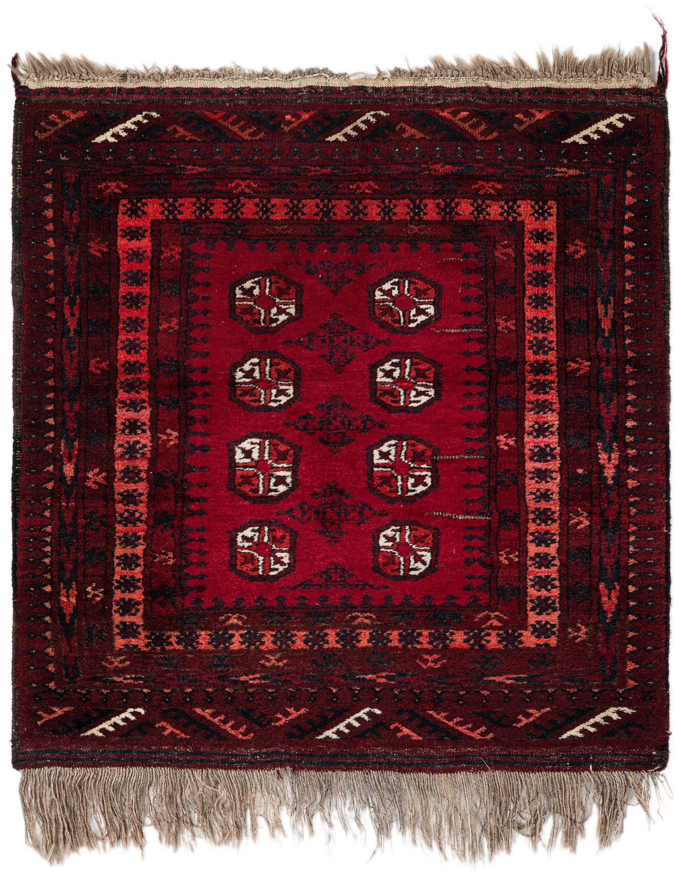 A 3x4 rectangular Afghan Ersari rug featuring a deep red field with tribal patterns and a fringed edge.