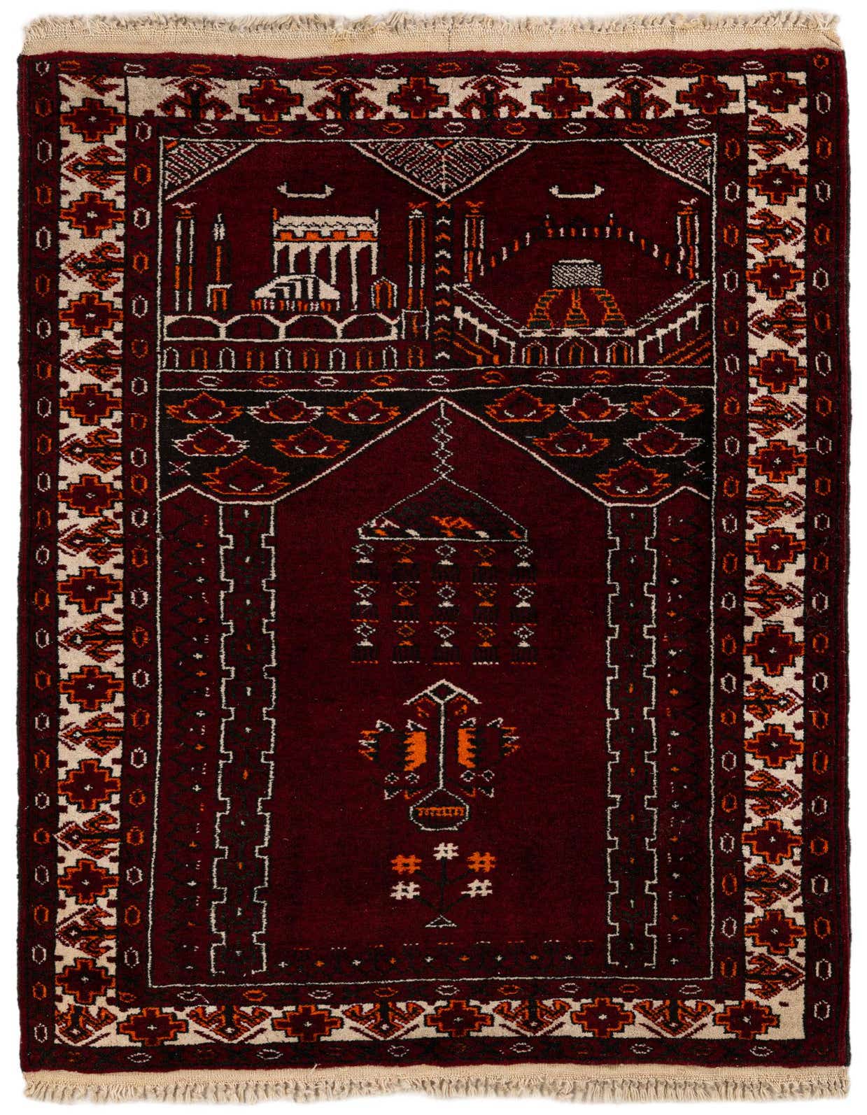 A 3x4 rectangular Afghan Ersari rug in deep red, featuring intricate traditional tribal patterns and a mosque motif.