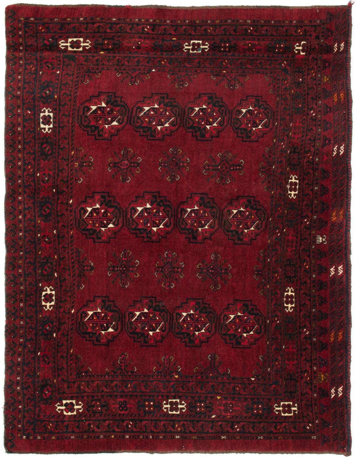 A 3x5 rectangular Afghan-Jowal rug featuring a rich red field with black, white, and gold tribal geometric patterns and a detailed border.