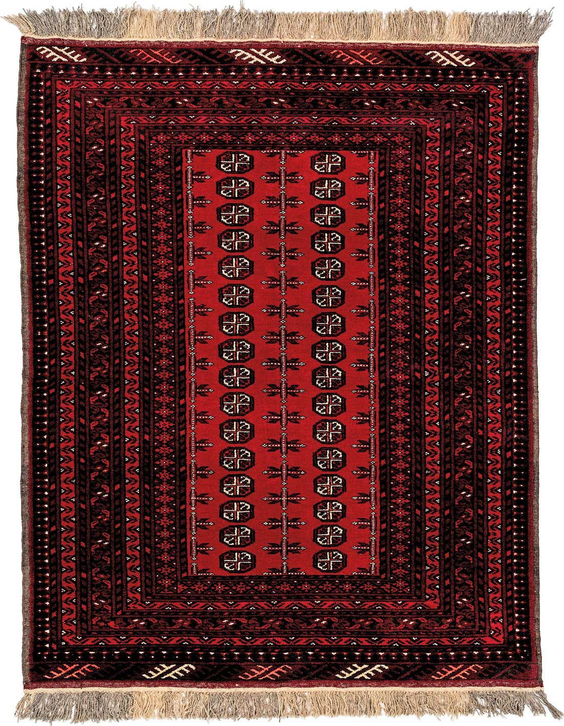 A 4x6 rectangular Afghan Mouri rug featuring a vibrant red field with black tribal patterns and white fringe.