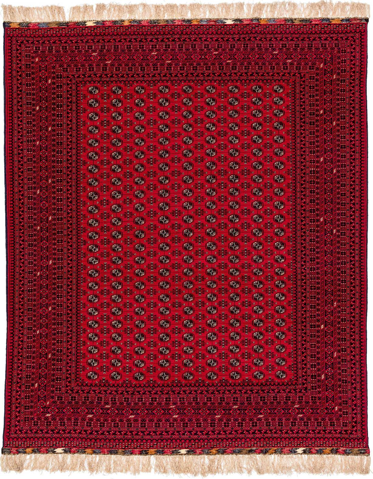 A 7x10 rectangular Afghan Mouri rug featuring a rich red field with repeating black and gold tribal medallions, framed by intricate borders and finished with natural fringes.