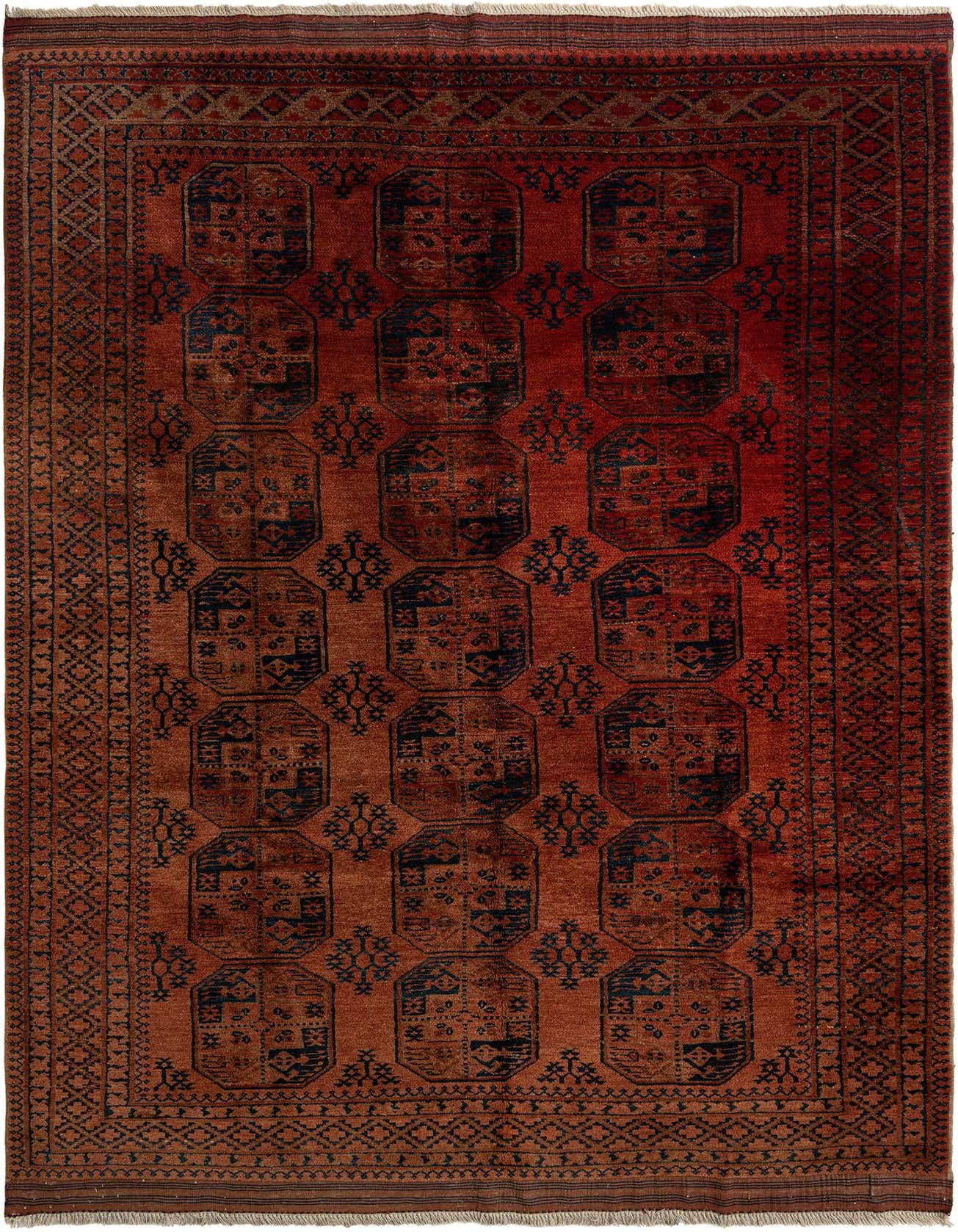 A rectangular 8x11 Rugs.com Afghan tribal rug in rich reds with a repeating pattern of dark blue and brown medallions.