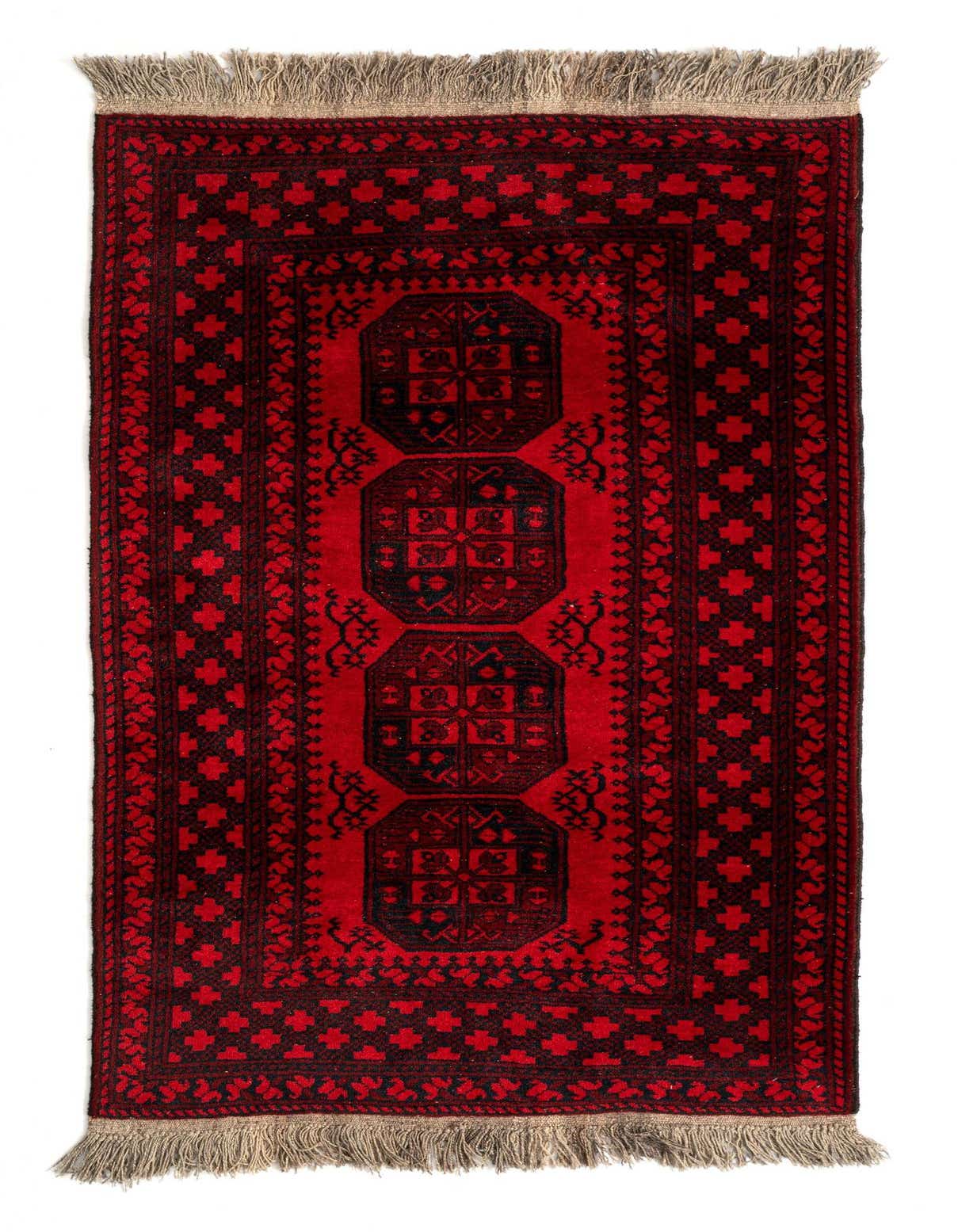 A 3x5 rectangular red Afghan tribal rug with black geometric patterns and fringed ends, suitable for an entryway.