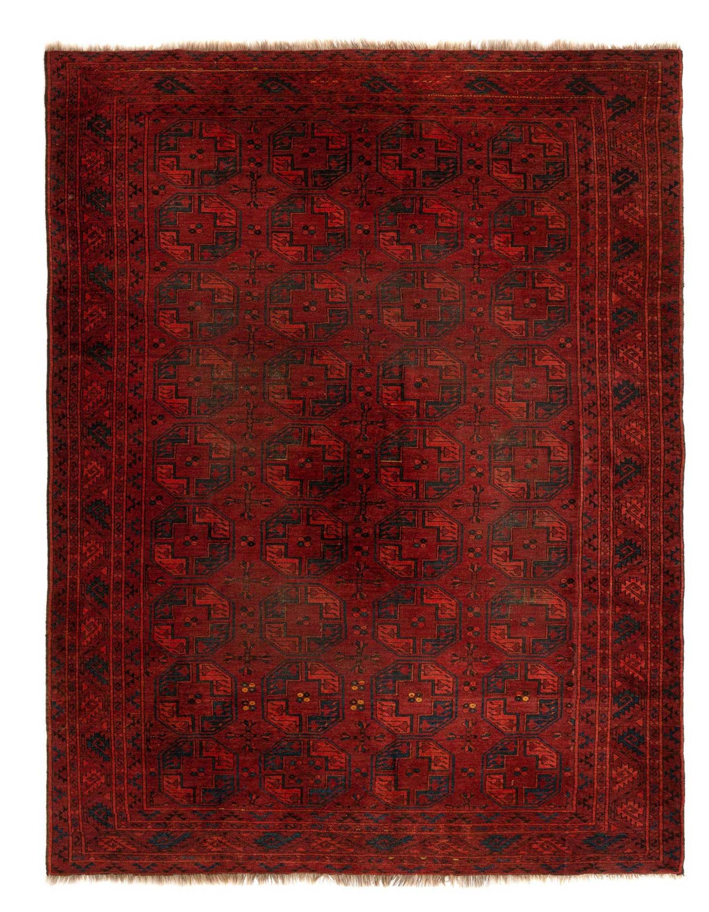 A 9x12 rectangular Afghan rug in deep reds with a repeating tribal geometric pattern and fringed ends.