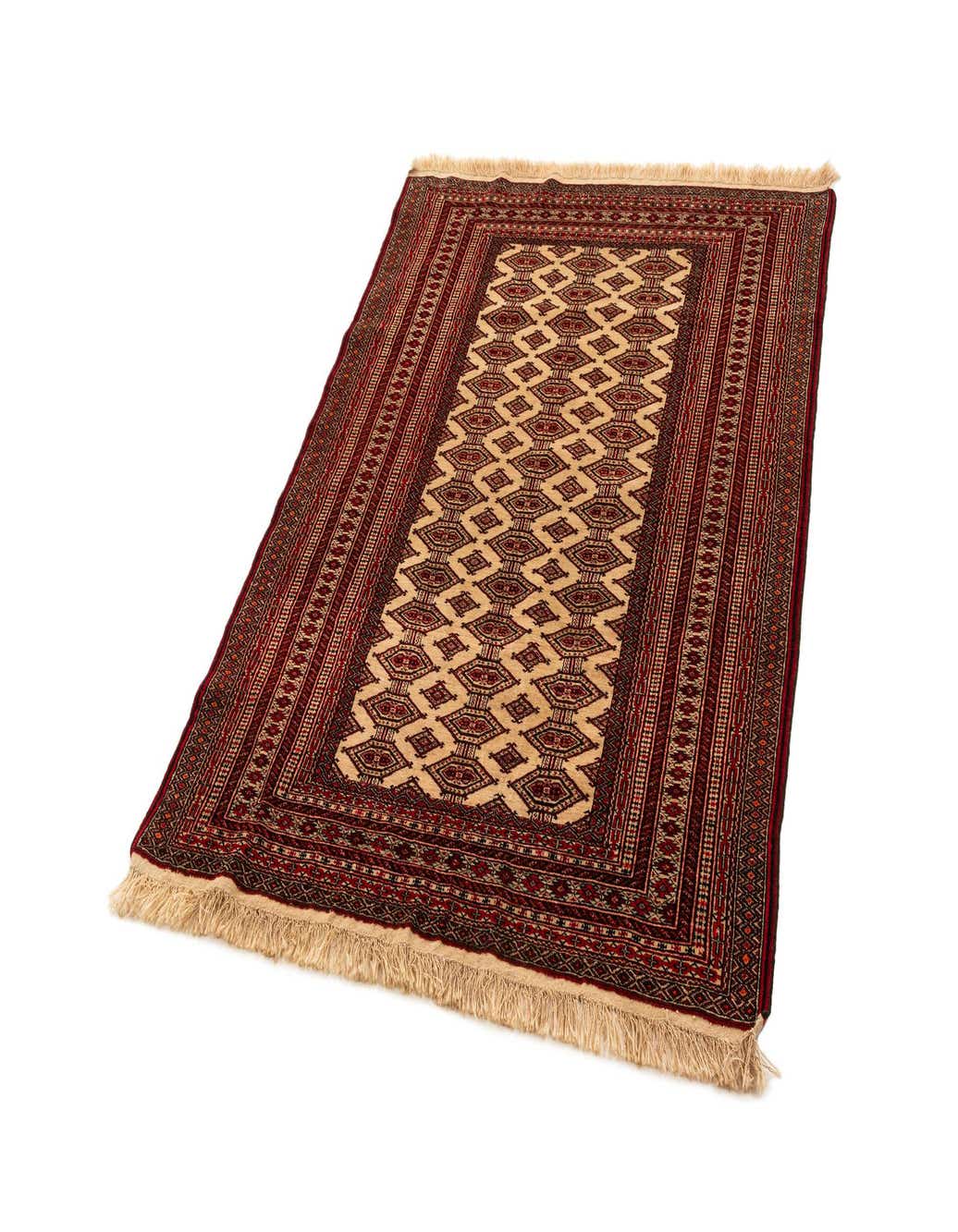 A 4x6 rectangular Afghan tribal rug in reds and beige, featuring a diamond pattern with intricate borders and fringe.