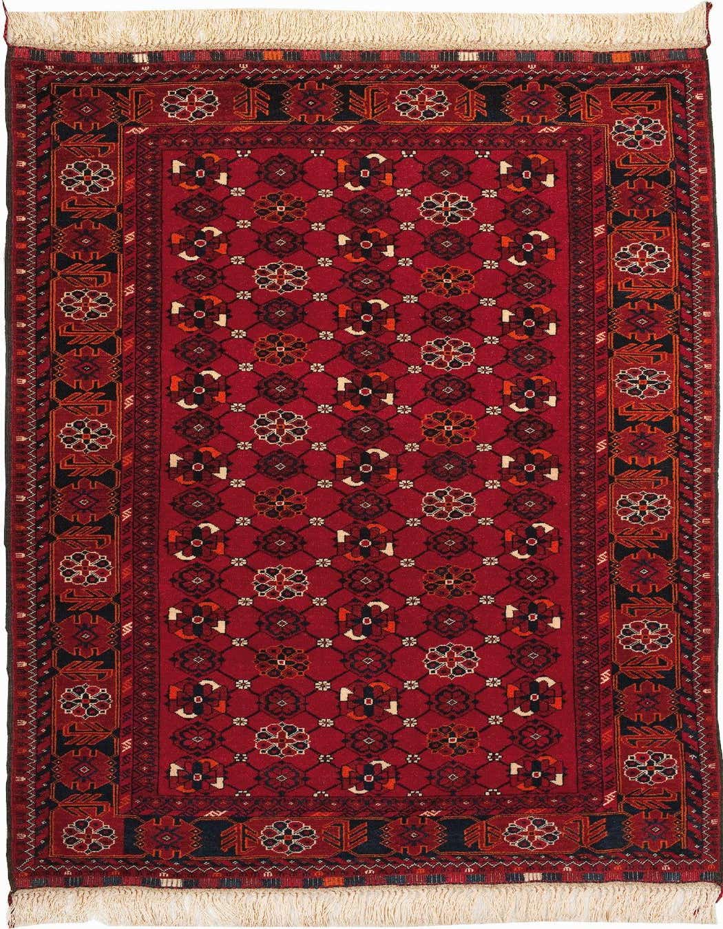 A 4x6 rectangular red tribal rug with intricate floral and geometric patterns in black, cream, and orange, featuring cream fringe.
