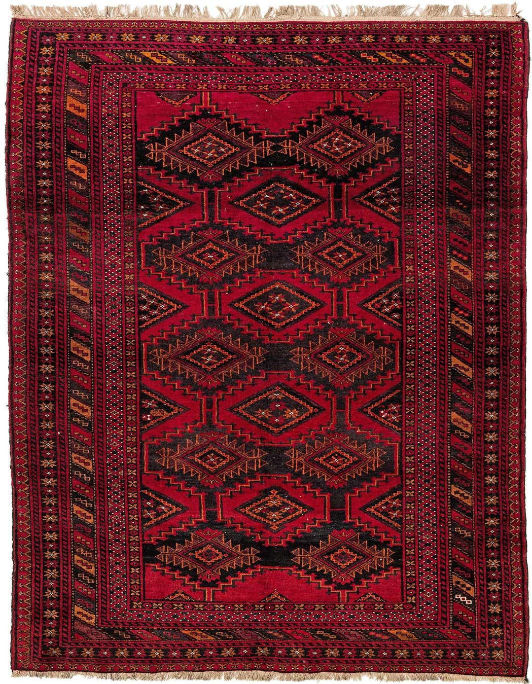 A 4x6 rectangular red tribal rug made of sheep virgin wool, featuring a bold pattern of black and orange geometric diamonds.