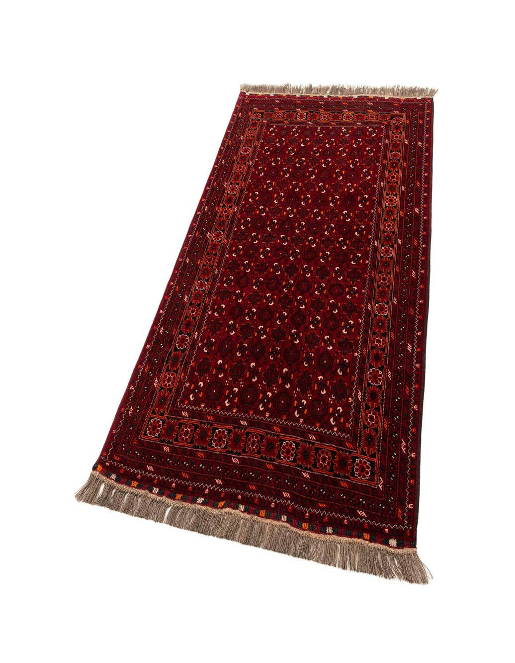 A 4x6 rectangular Afghan tribal rug in deep reds with intricate floral and geometric patterns, featuring a medium pile and fringed edges.