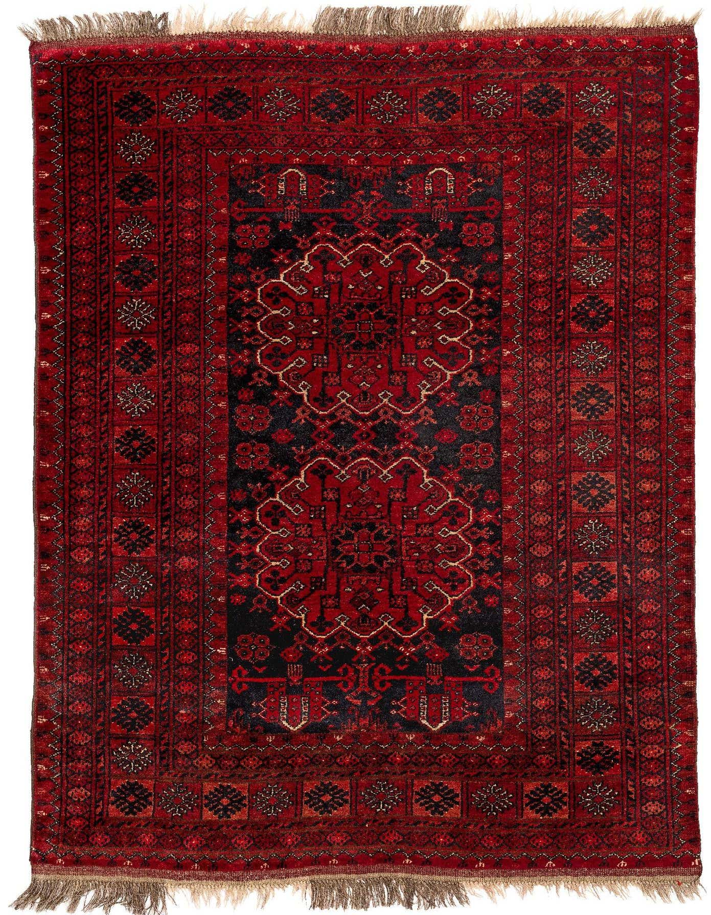 A 4x6 rectangular Afghan tribal rug featuring a deep red field with intricate black and gold patterns, ideal for a living room.