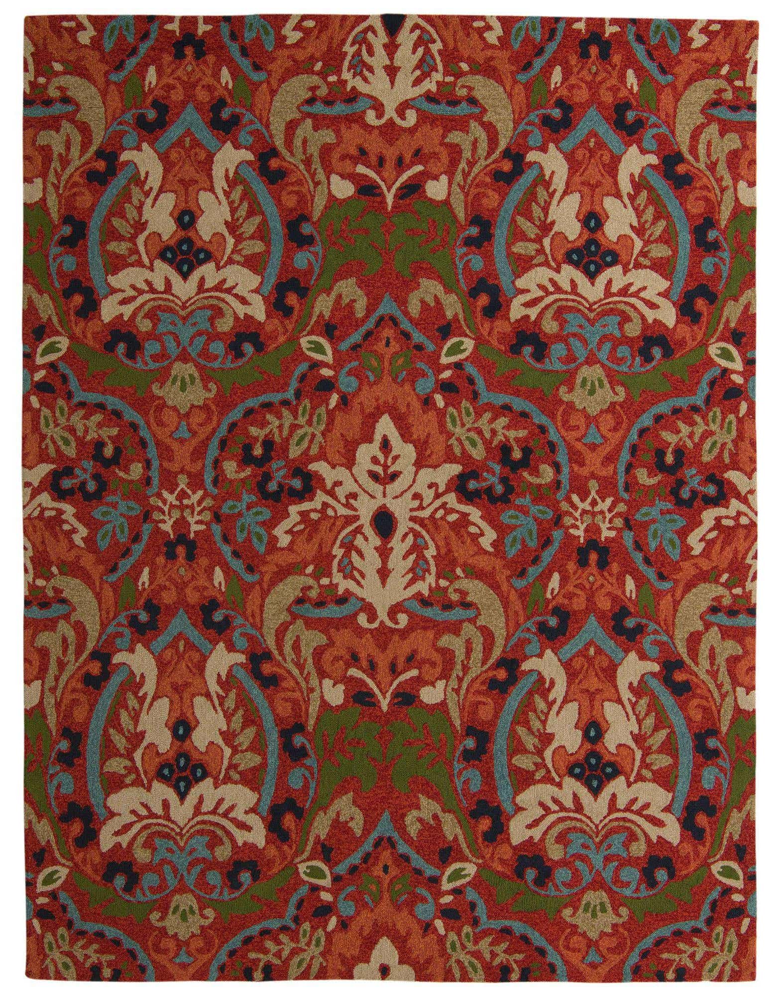 A 6x9 rectangular area rug featuring a detailed red, blue, green, and beige floral medallion pattern.