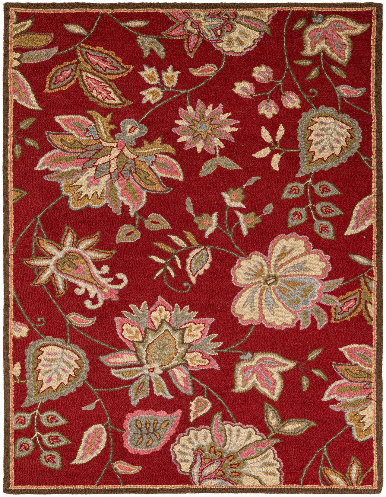 A 5x8 rectangular red wool rug with a modern floral pattern featuring large cream, pink, and green blooms and leaves, perfect for a living room.