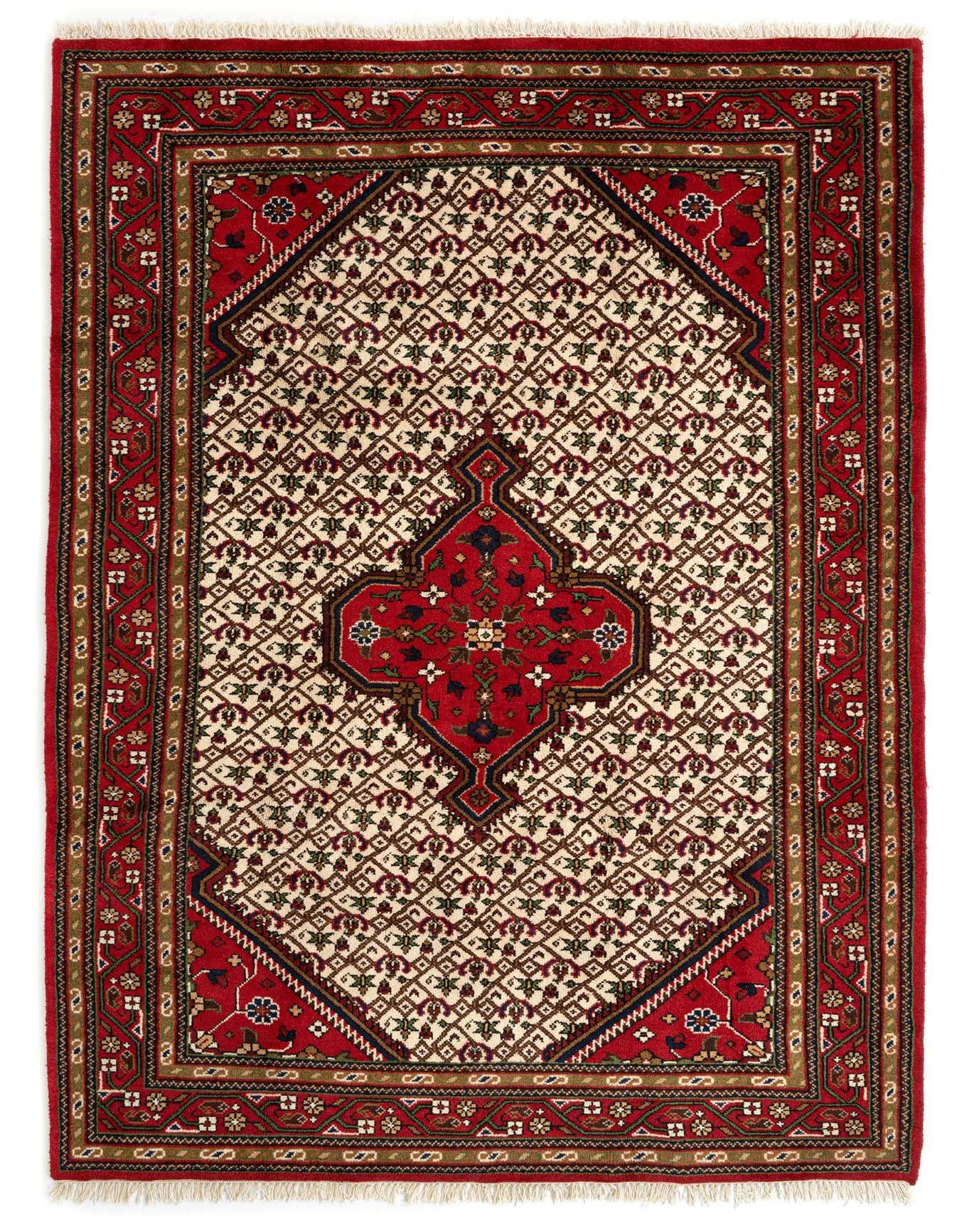 A 6x9 rectangular Persian rug featuring a central red medallion on a cream field with intricate floral and geometric patterns, framed by a wide red border.