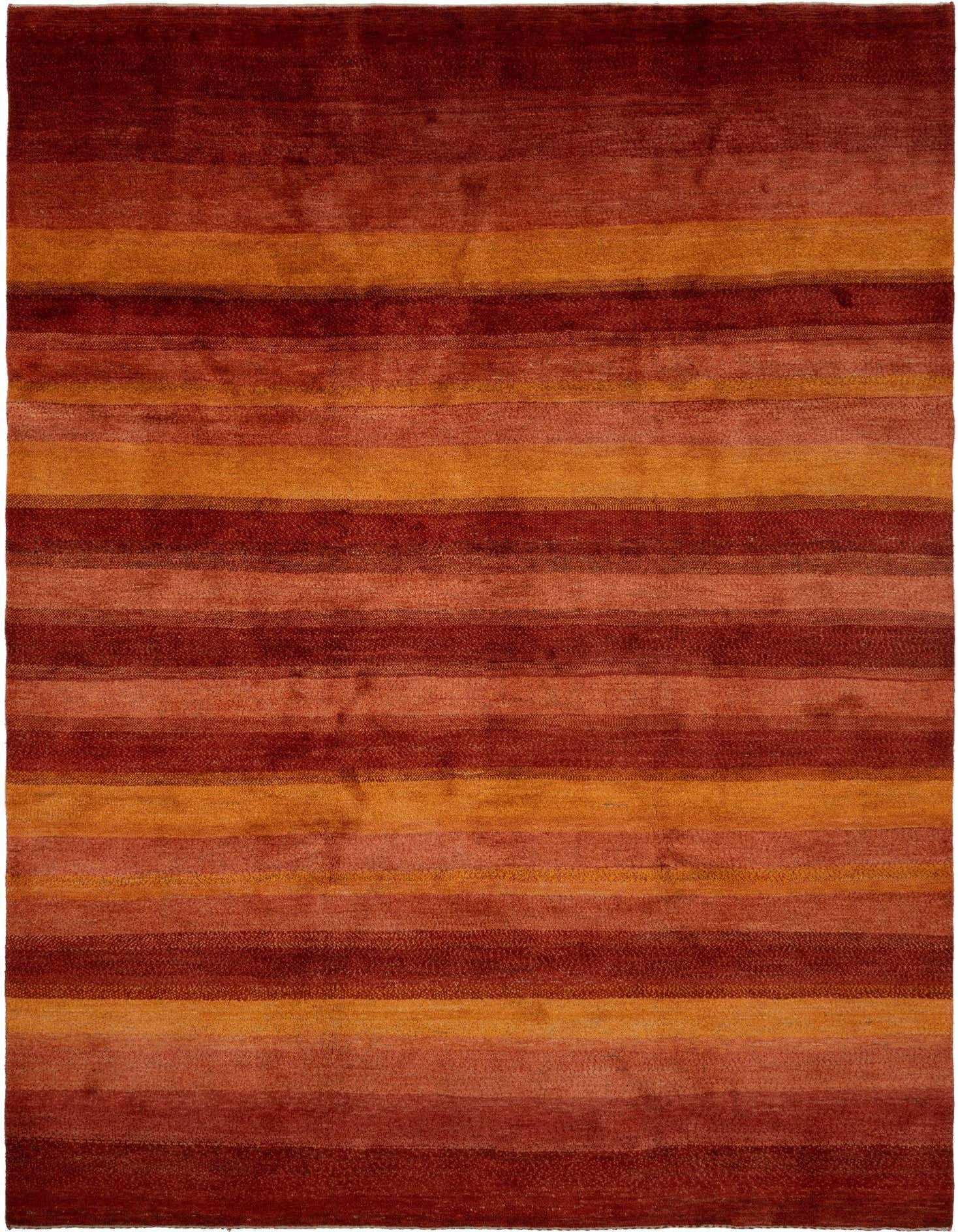 A rectangular 8x11 Amaleh Persian rug featuring horizontal stripes in varying shades of red and orange.