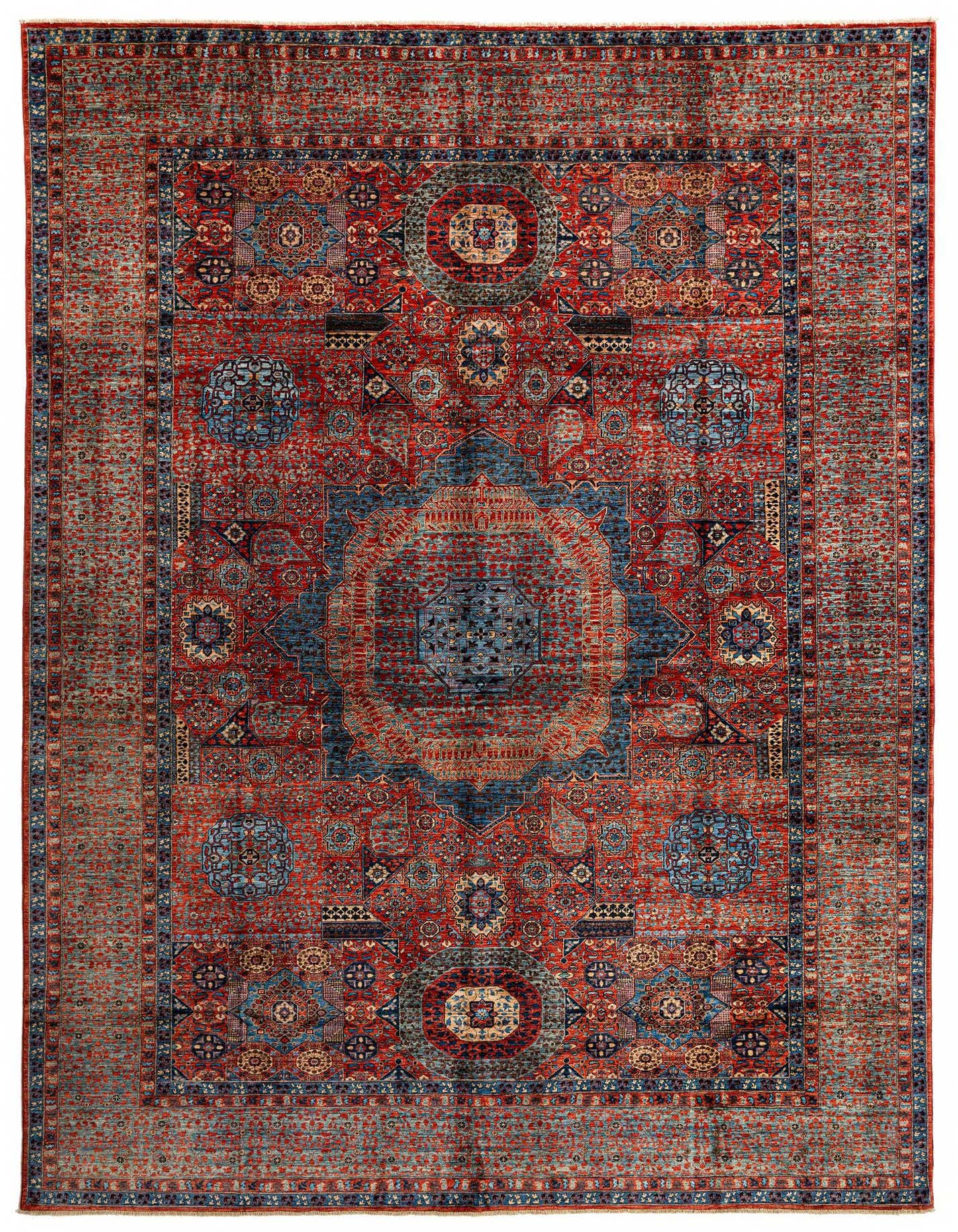 A 10x14 rectangular red Persian wool rug with intricate blue, gold, and black medallion patterns and a detailed border.