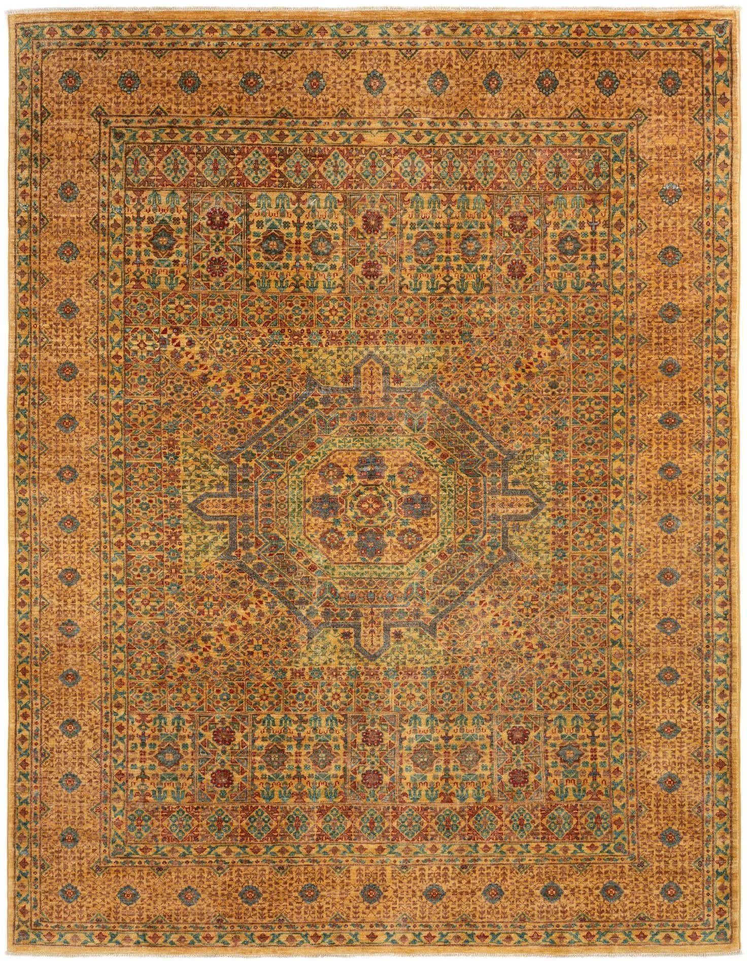 A 5x8 rectangular Persian rug with a rich red and gold color palette, featuring intricate traditional patterns and a central medallion.