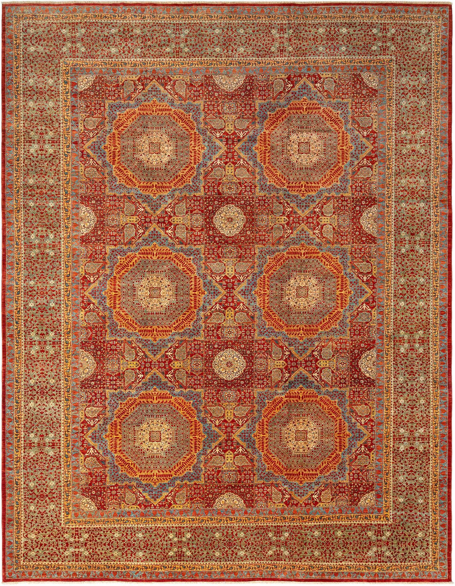 A large 12x16 rectangular Persian rug with a rich red field and intricate multi-color medallions and floral patterns, framed by a detailed border.