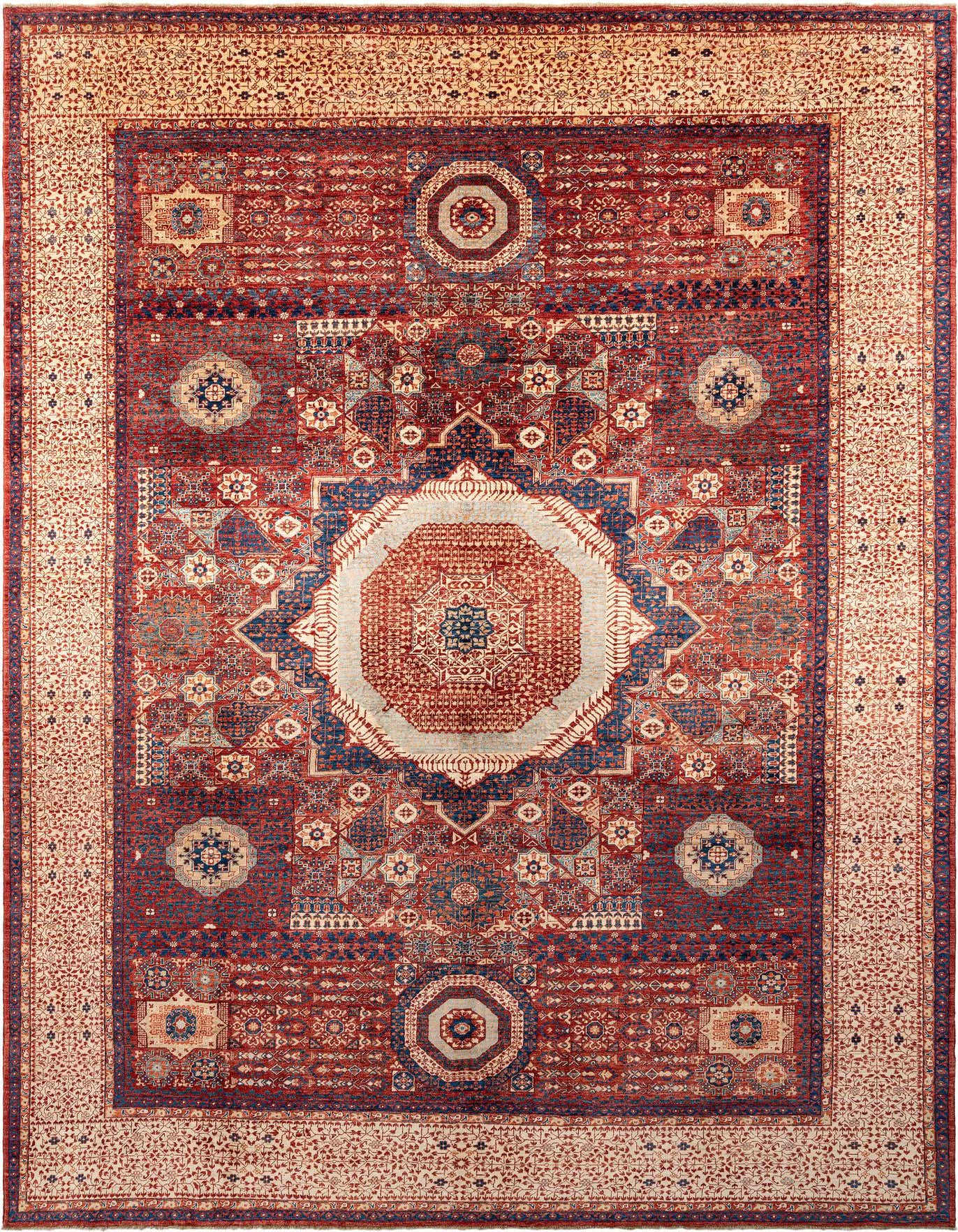 A rectangular handmade Persian wool rug featuring a rich red field with intricate traditional patterns and a light beige border.