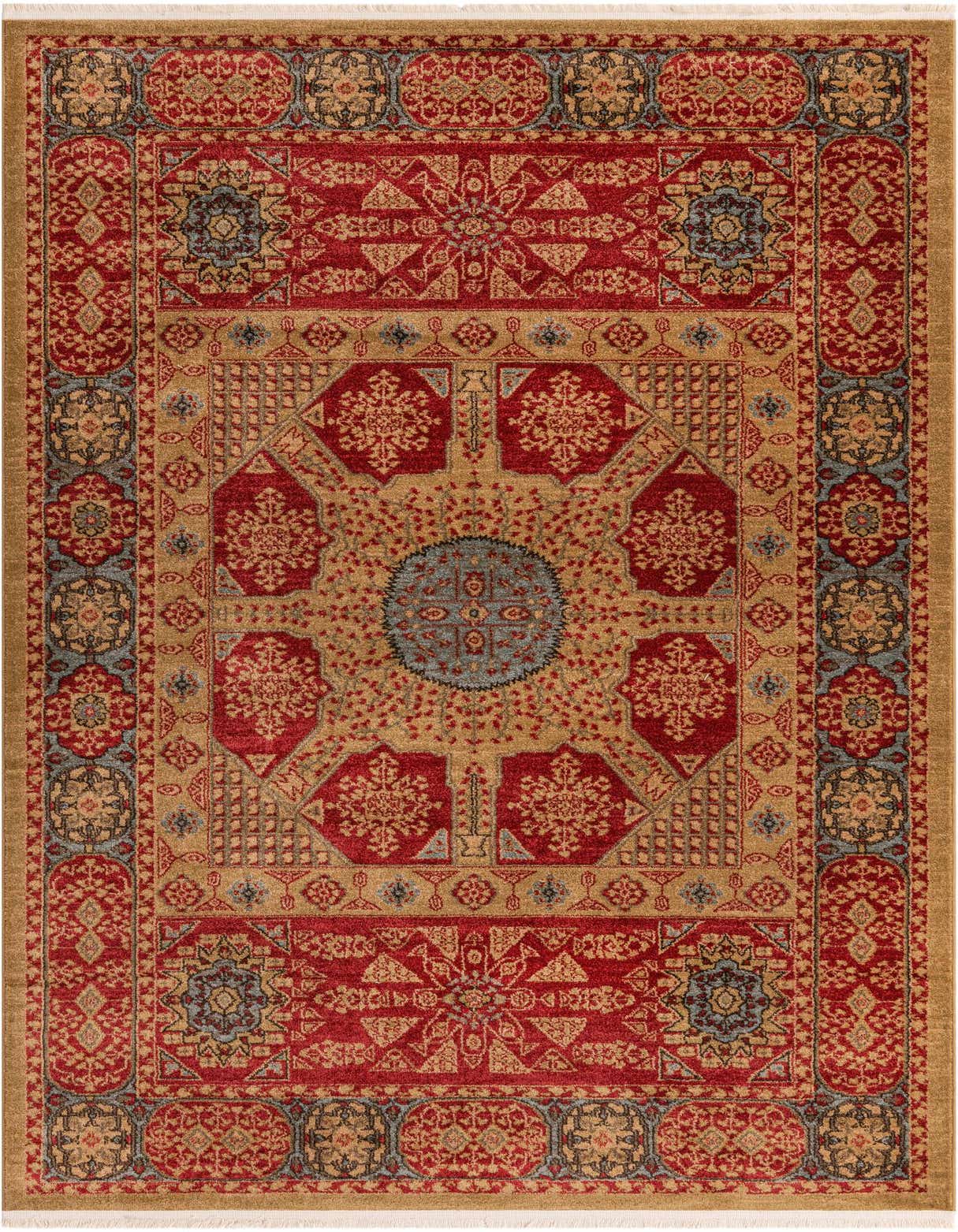 A 5x8 rectangular Amina rug featuring a traditional medallion and botanical pattern in shades of red, gold, and blue.