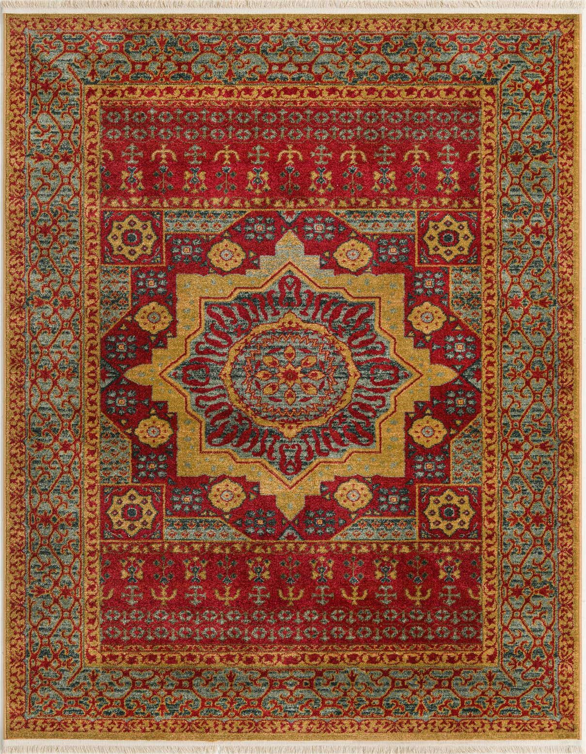 A 5x8 rectangular red area rug with a gold medallion and intricate botanical and tribal patterns in blue and gold, suitable for a living room.