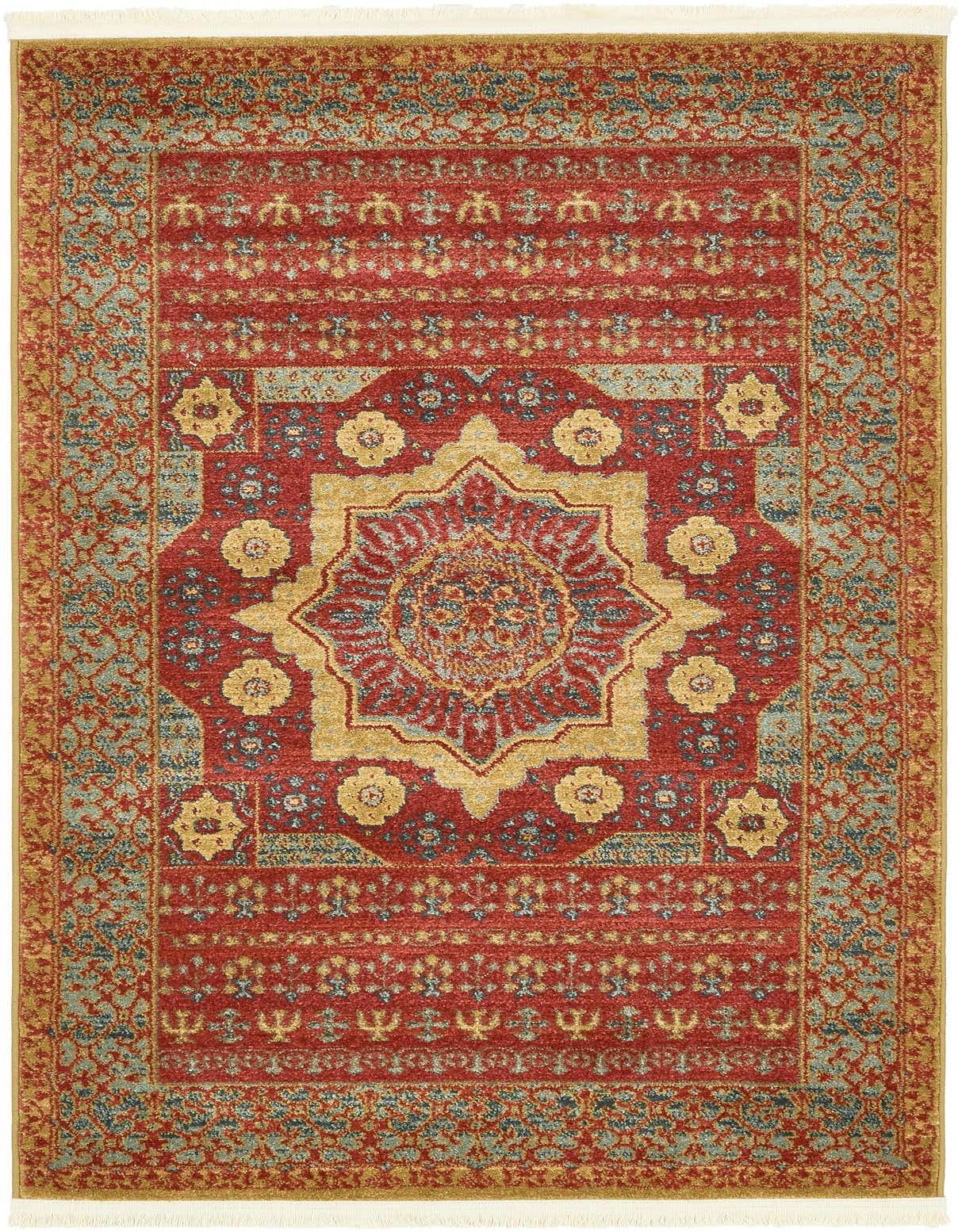 A 3x5 rectangular red area rug with a gold medallion and intricate blue and gold traditional patterns, suitable for a kitchen or entryway.