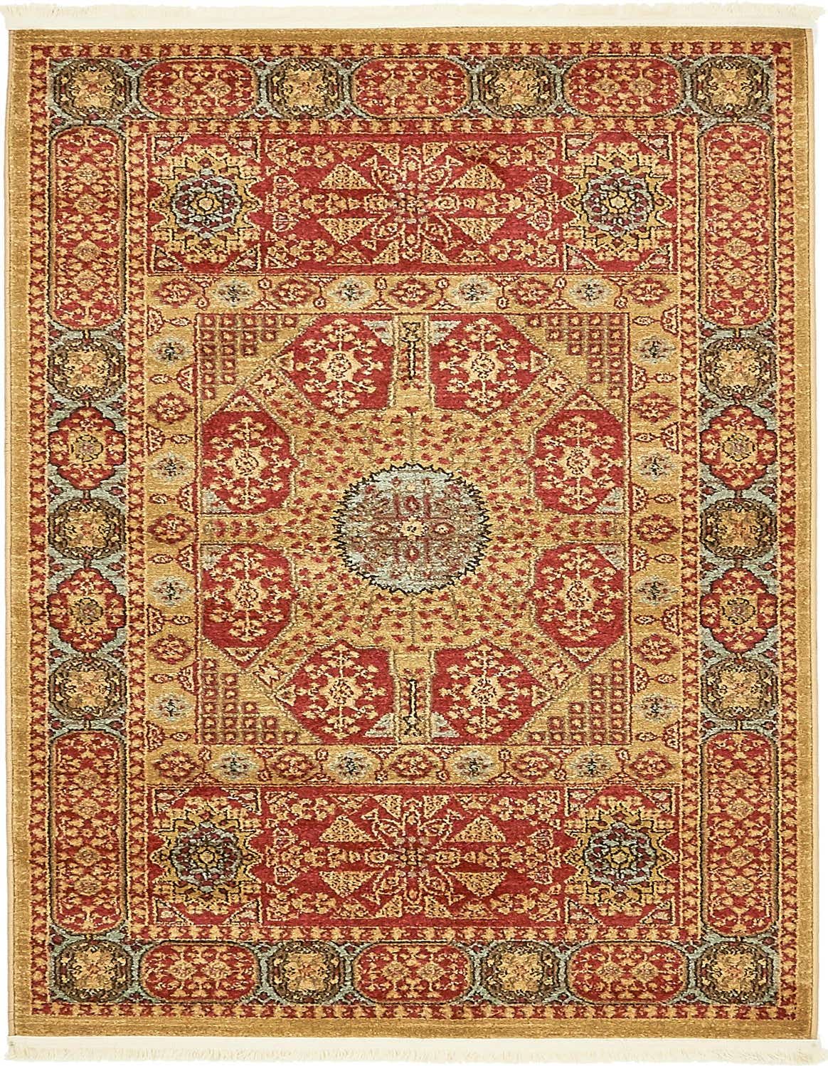 A 3x5 rectangular red and gold traditional rug with an intricate medallion pattern and fringed ends.